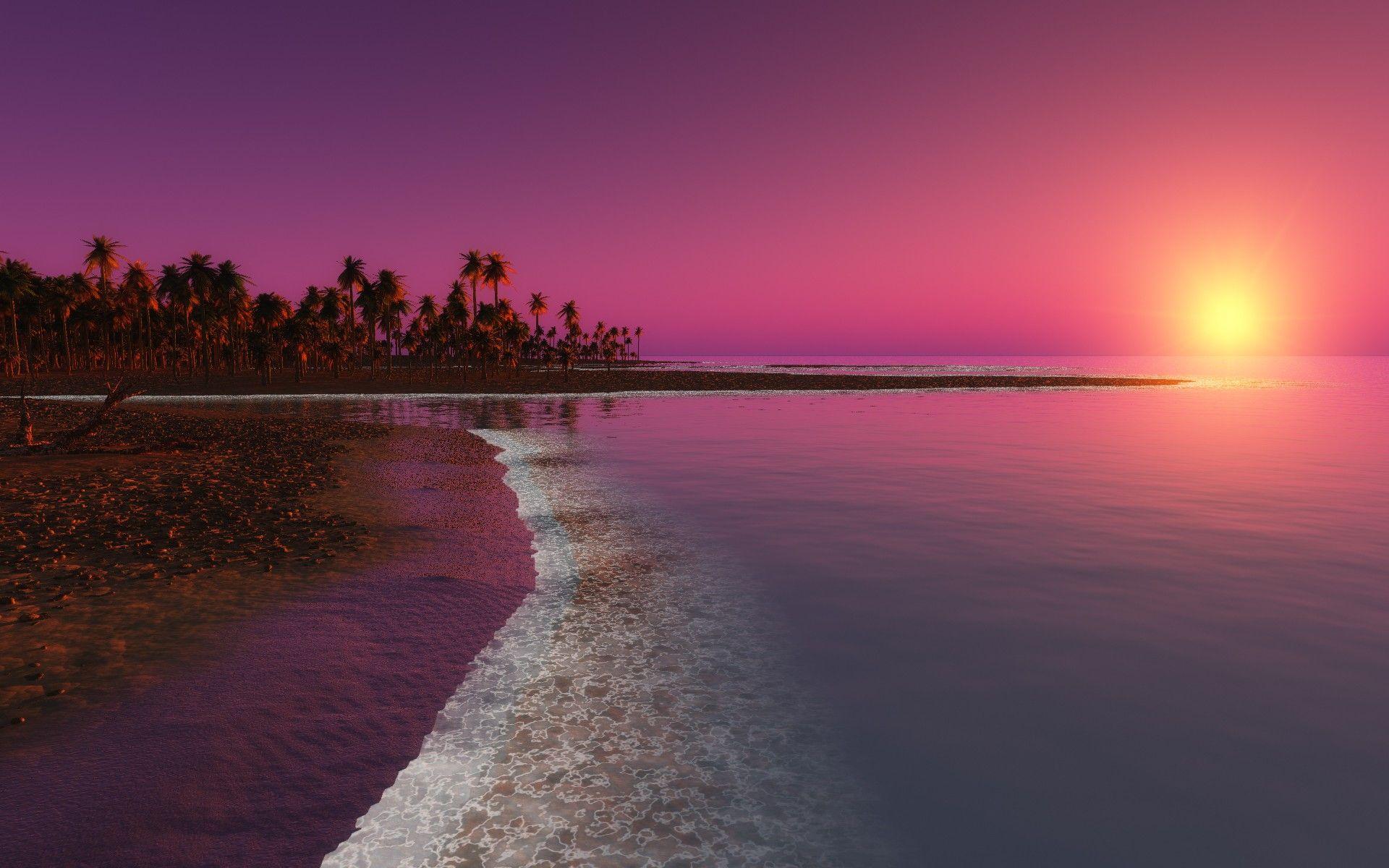 Digital Coastal Beach Sunset, HD Nature, 4k Wallpaper, Image
