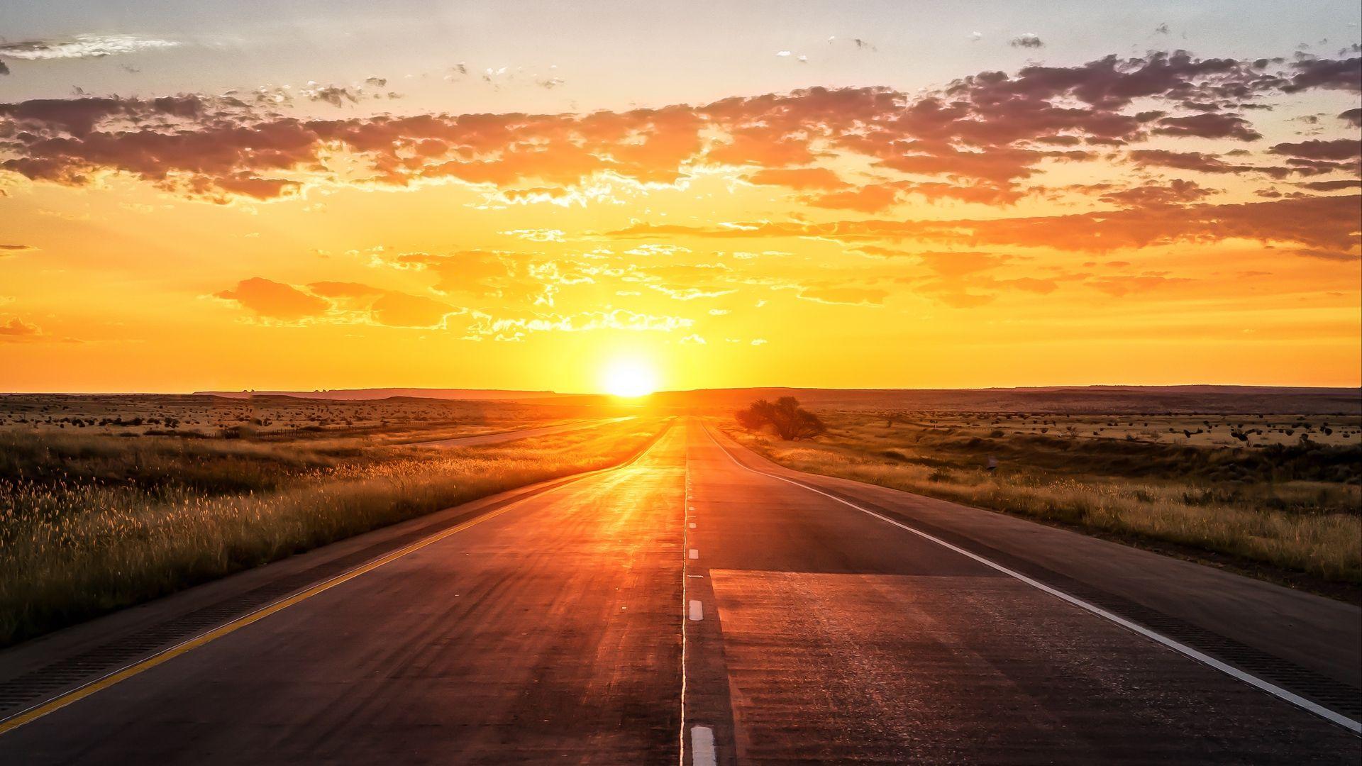 Download wallpaper 1920x1080 road, sunset, marking, grass full HD