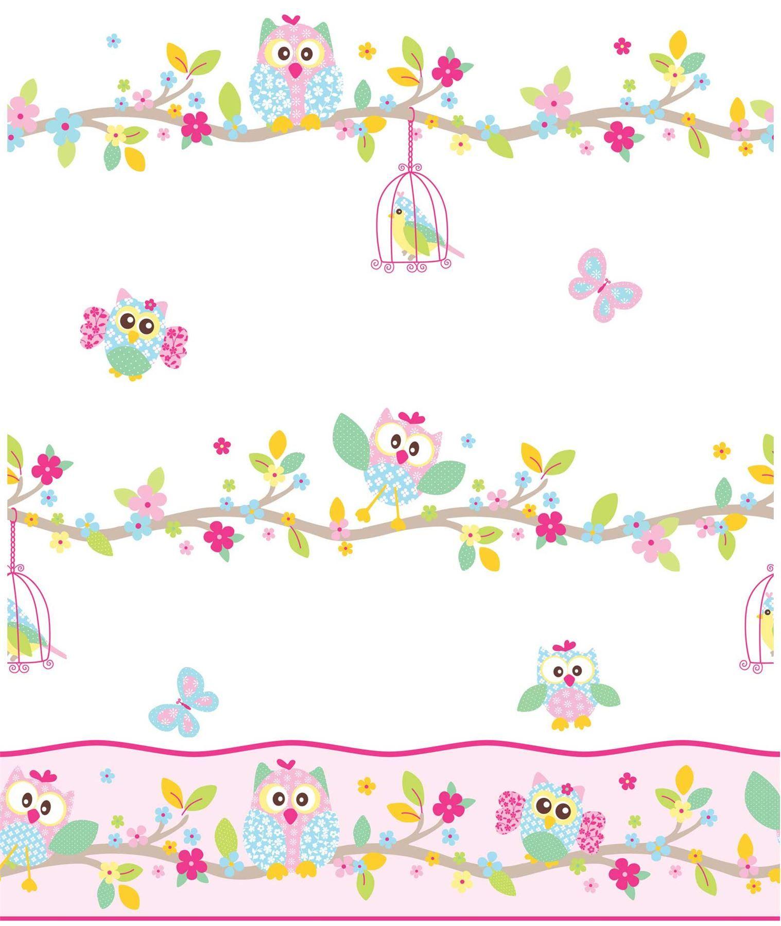 PATCHWORK OWL WALLPAPER AND BORDER PINK PASTEL BEDROOM