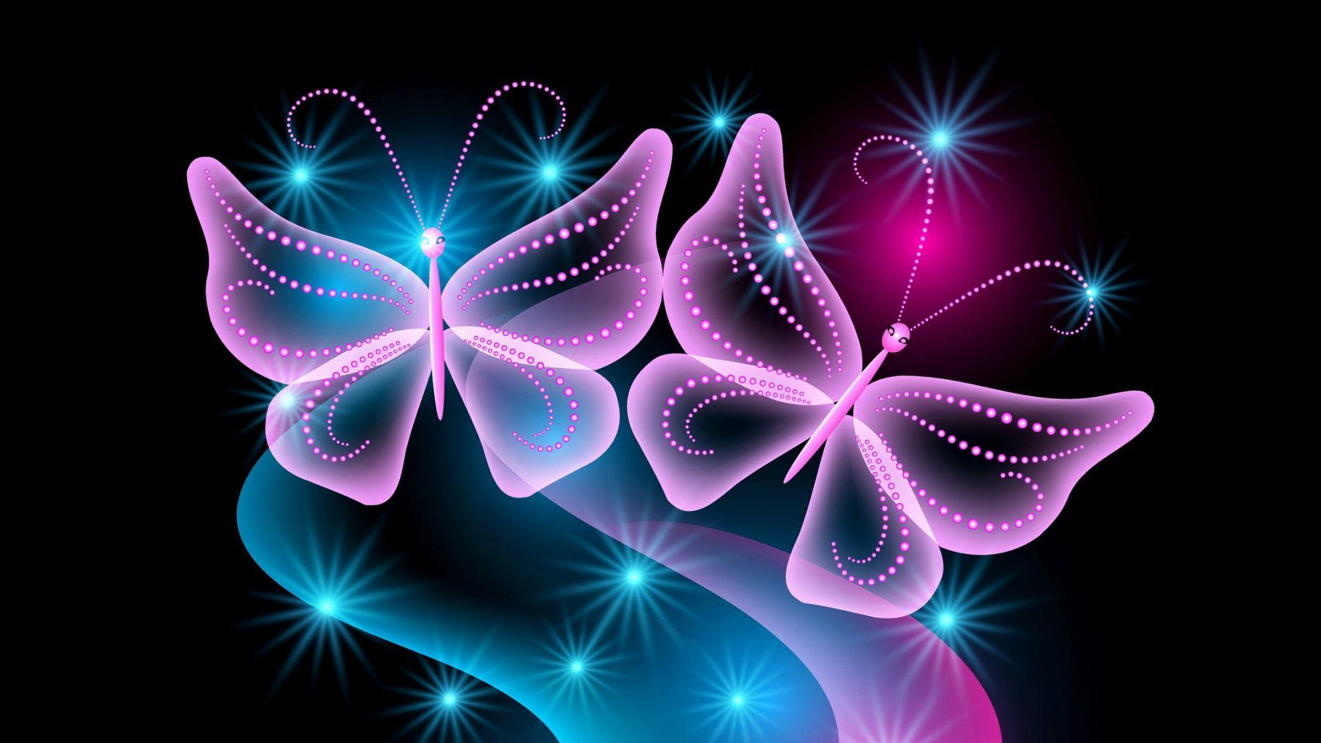 Butterflies Neon Light Abstract Black Background 1920x1080