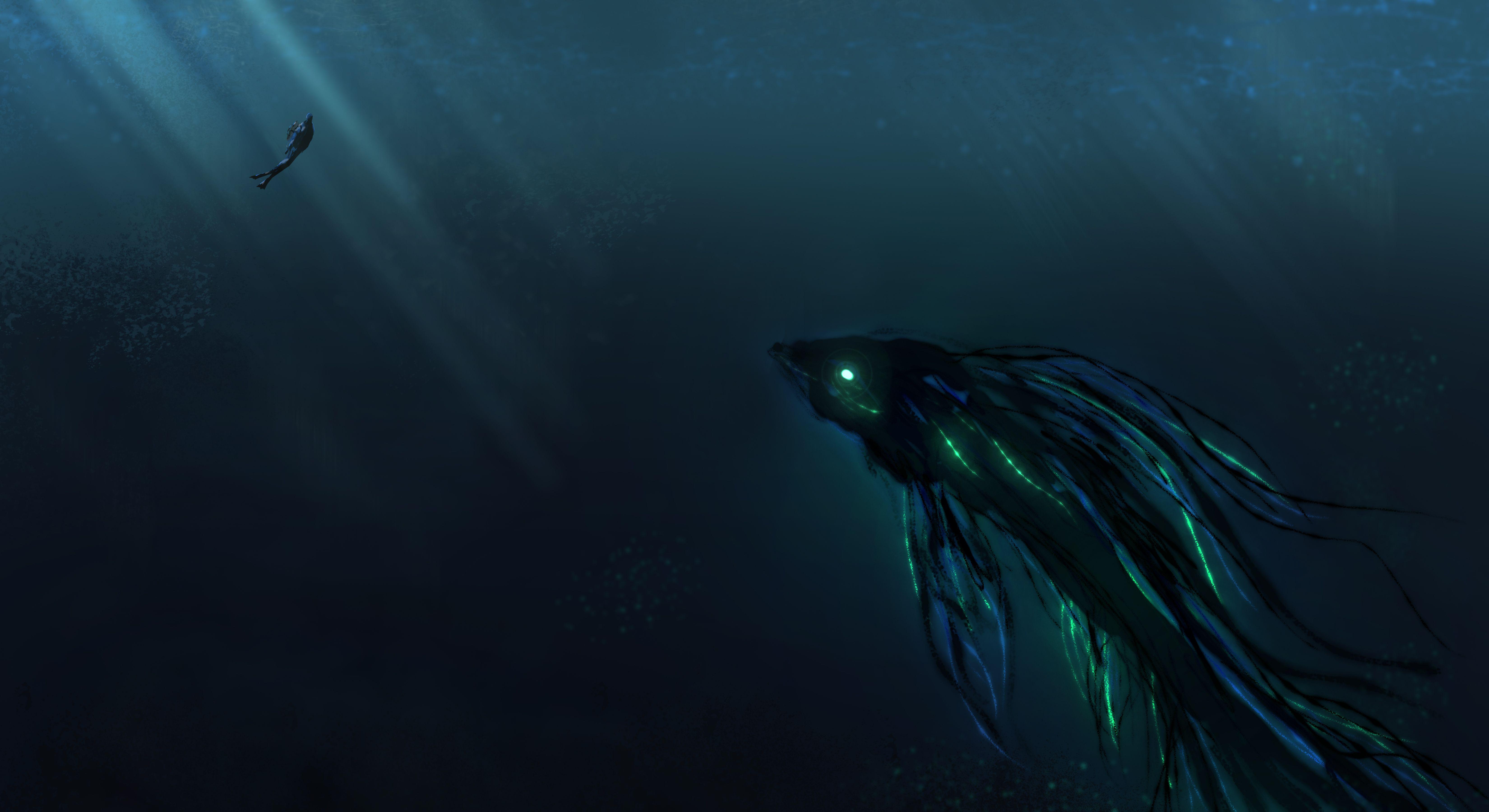 Wallpaper Deep Sea, Scuba Diver, Giant creature, HD, 4K