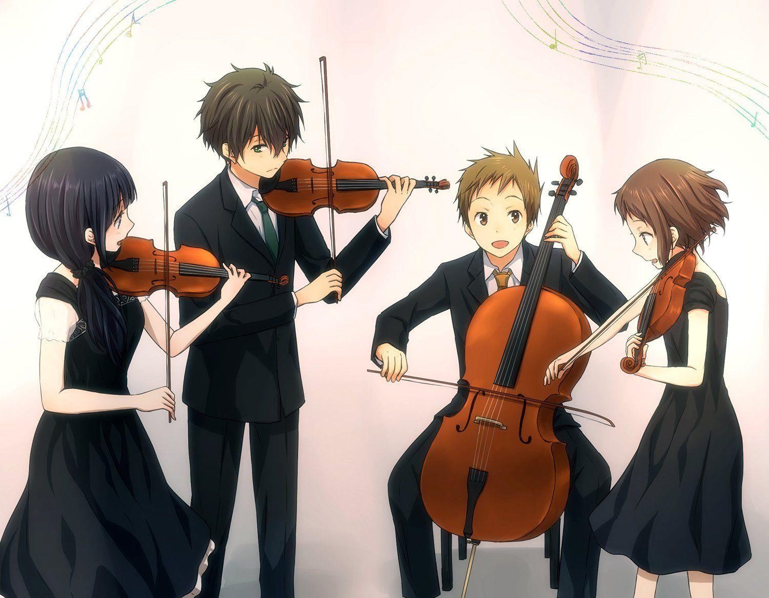 Anime group violin black dress white background music musical
