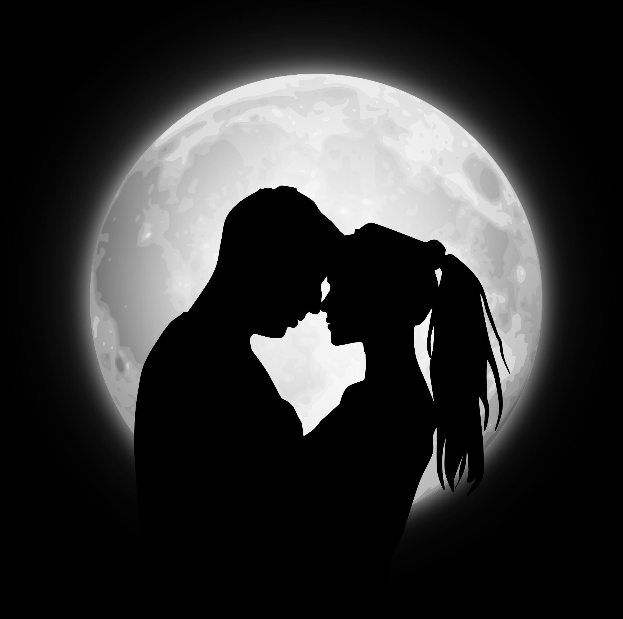 Download wallpaper 2353x2339 couple, silhouettes, moon, love HD