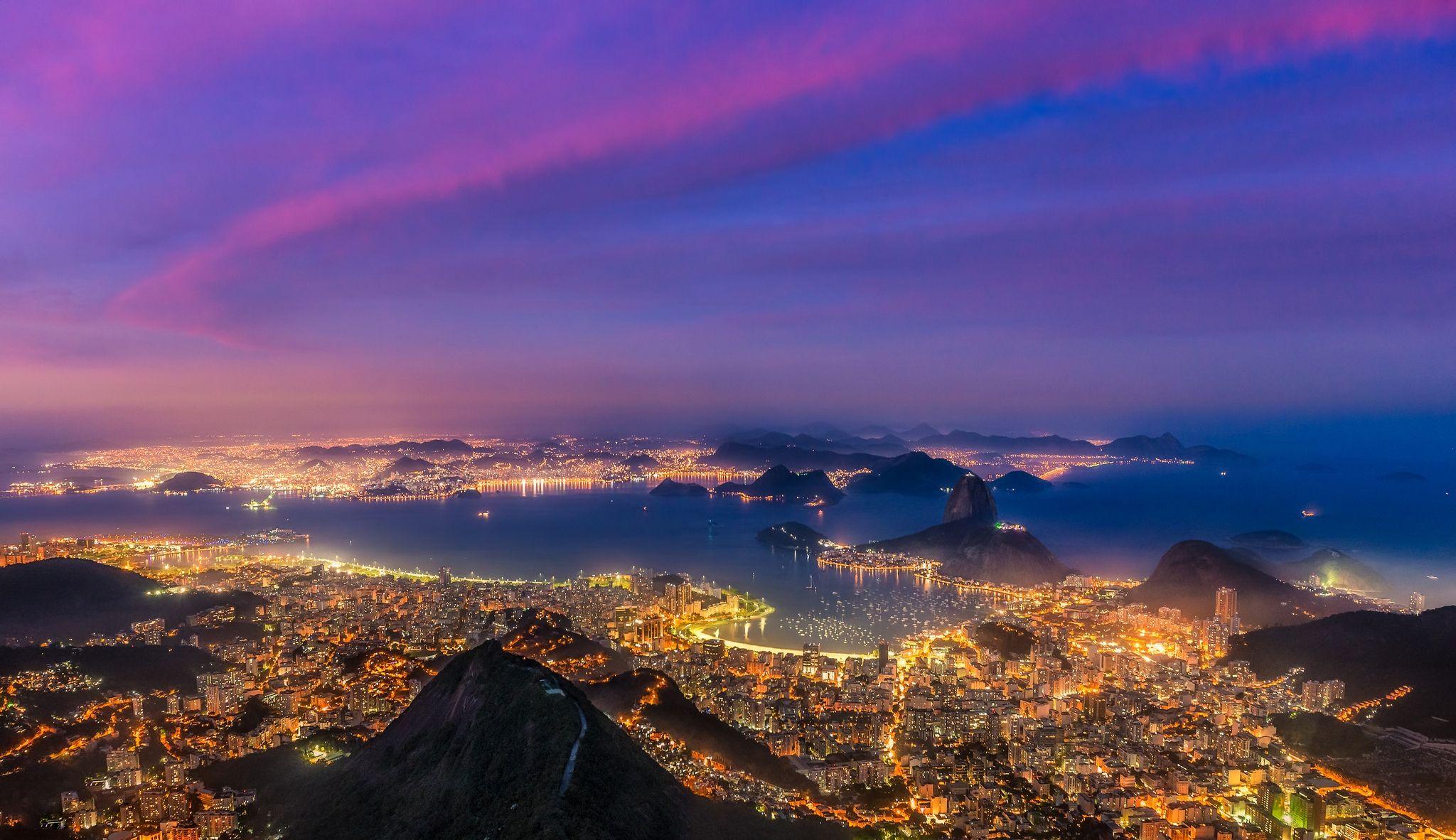 Wallpaper Brazil, ships, Rio de Janeiro, bay, lights, boats, sunset