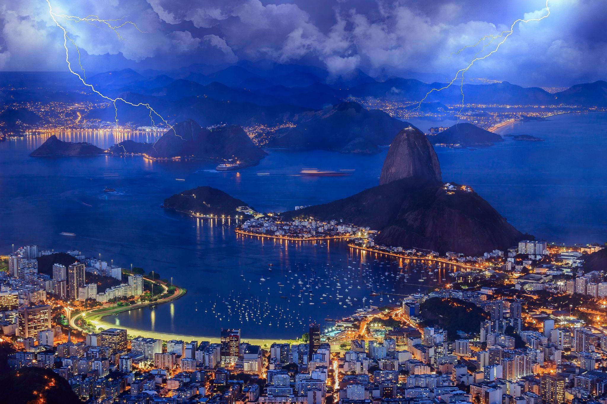 Wallpaper lightning, Brazil, bay, lights, evening, sky, city of Rio