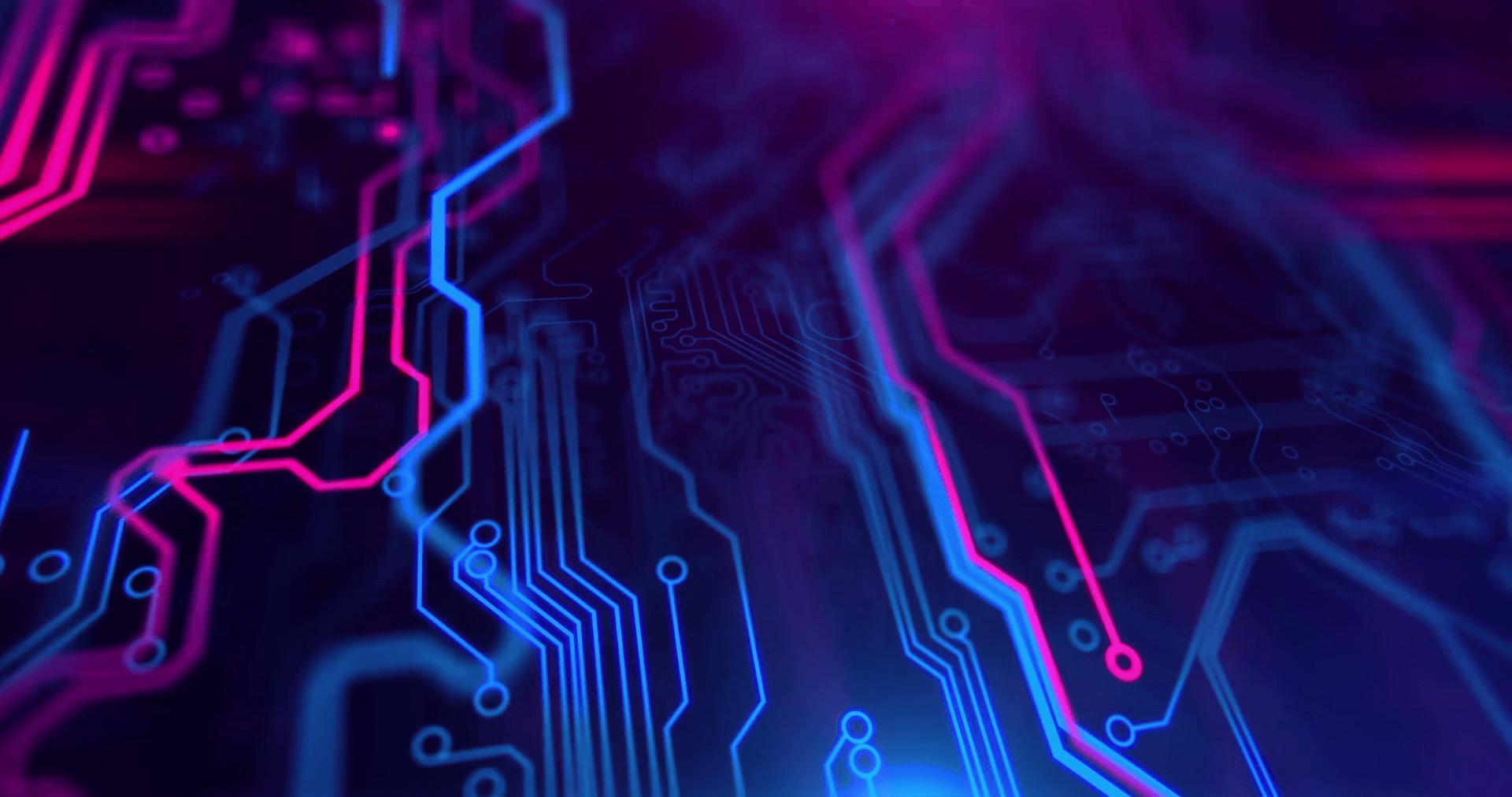 Printed circuit board video. Motherboard. Blue and purple digital
