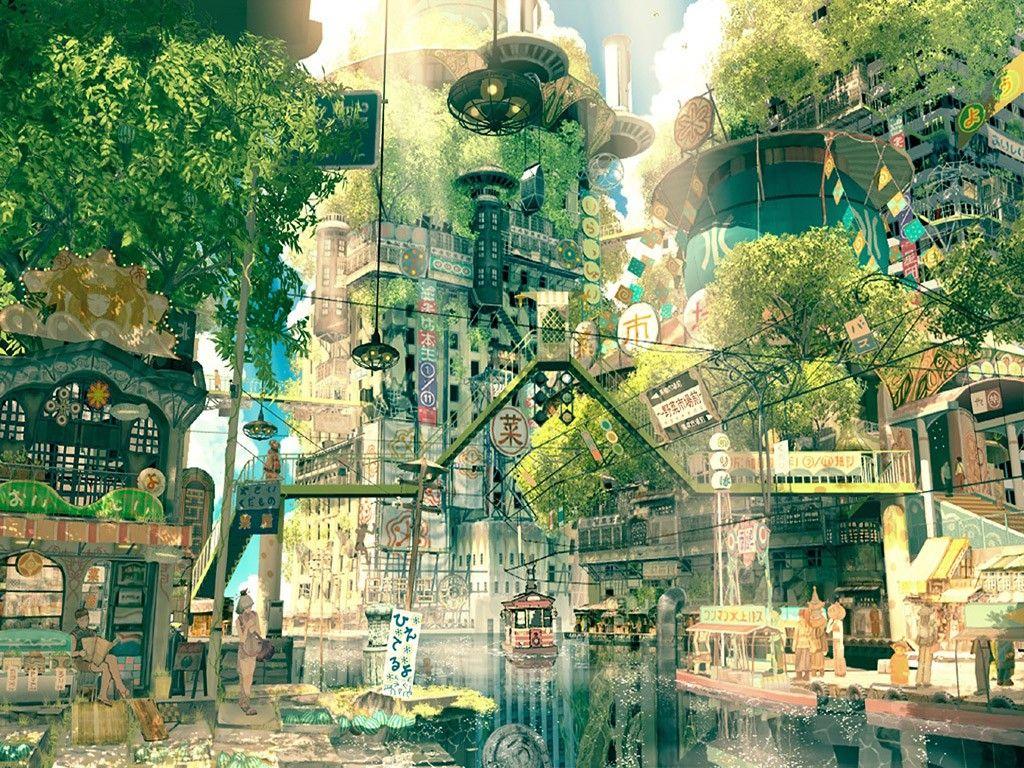digital art japan fantasy art city street trees imperial boy