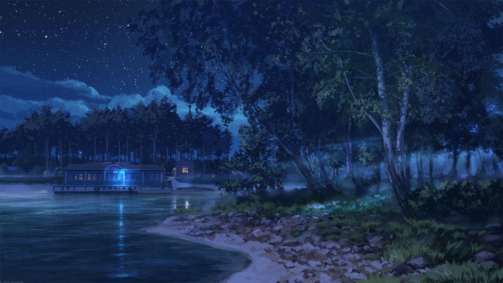 Download 1920x1080 Anime Landscape, Lake, Night, Stars, Trees, Light