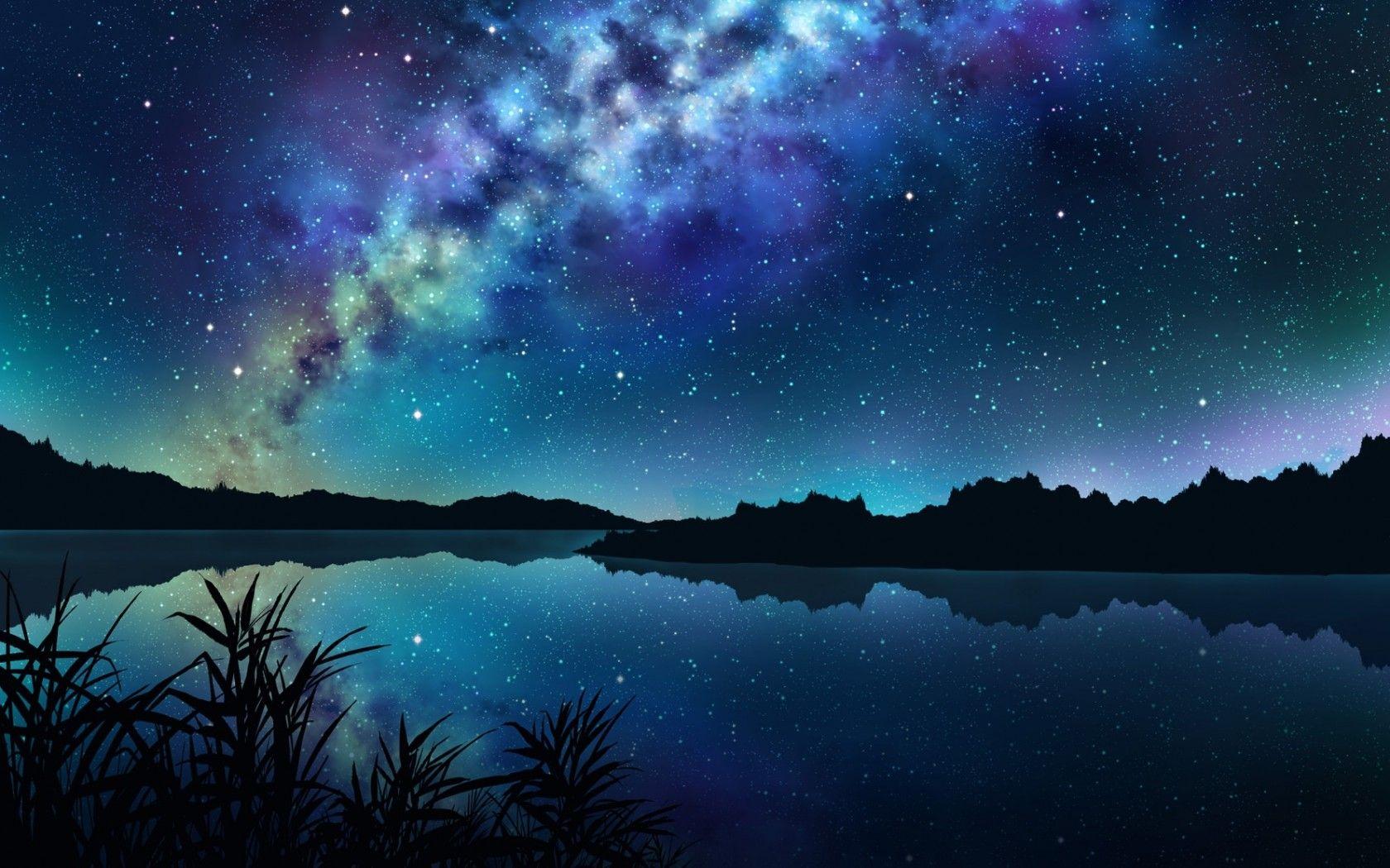 Download 1680x1050 Anime Landscape, River, Night, Stars, Reflection