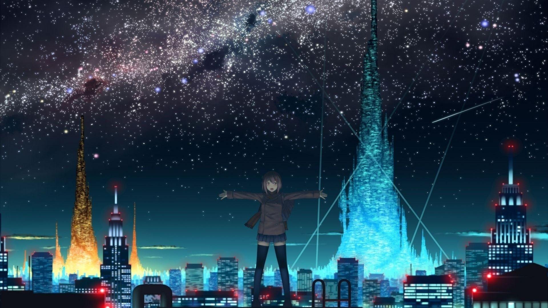 Anime, City, Lights, Girl, Roof, The Sky, Night Wallpaper