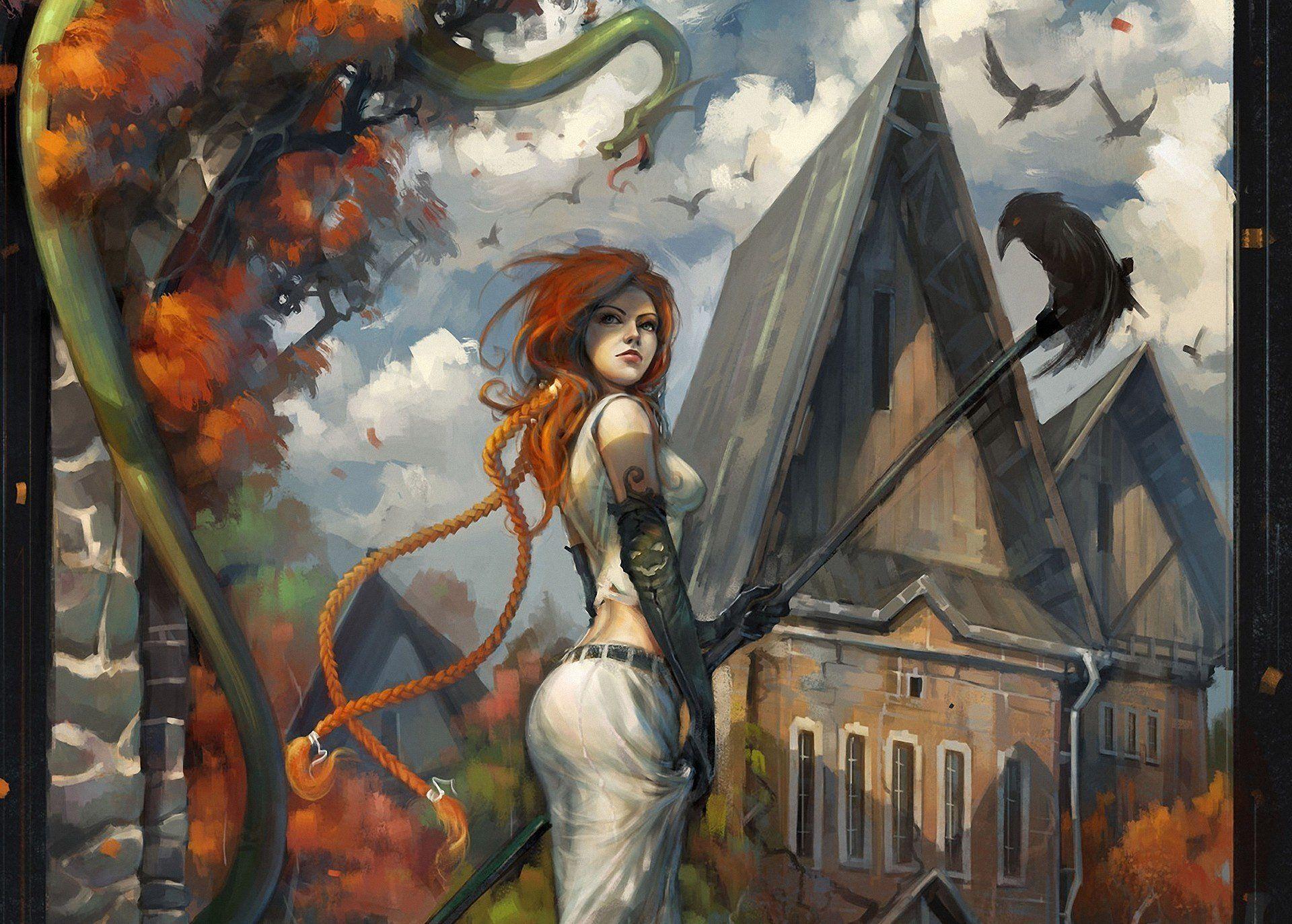 Girl art red crows autumn halloween gothic witch wallpaperx1373