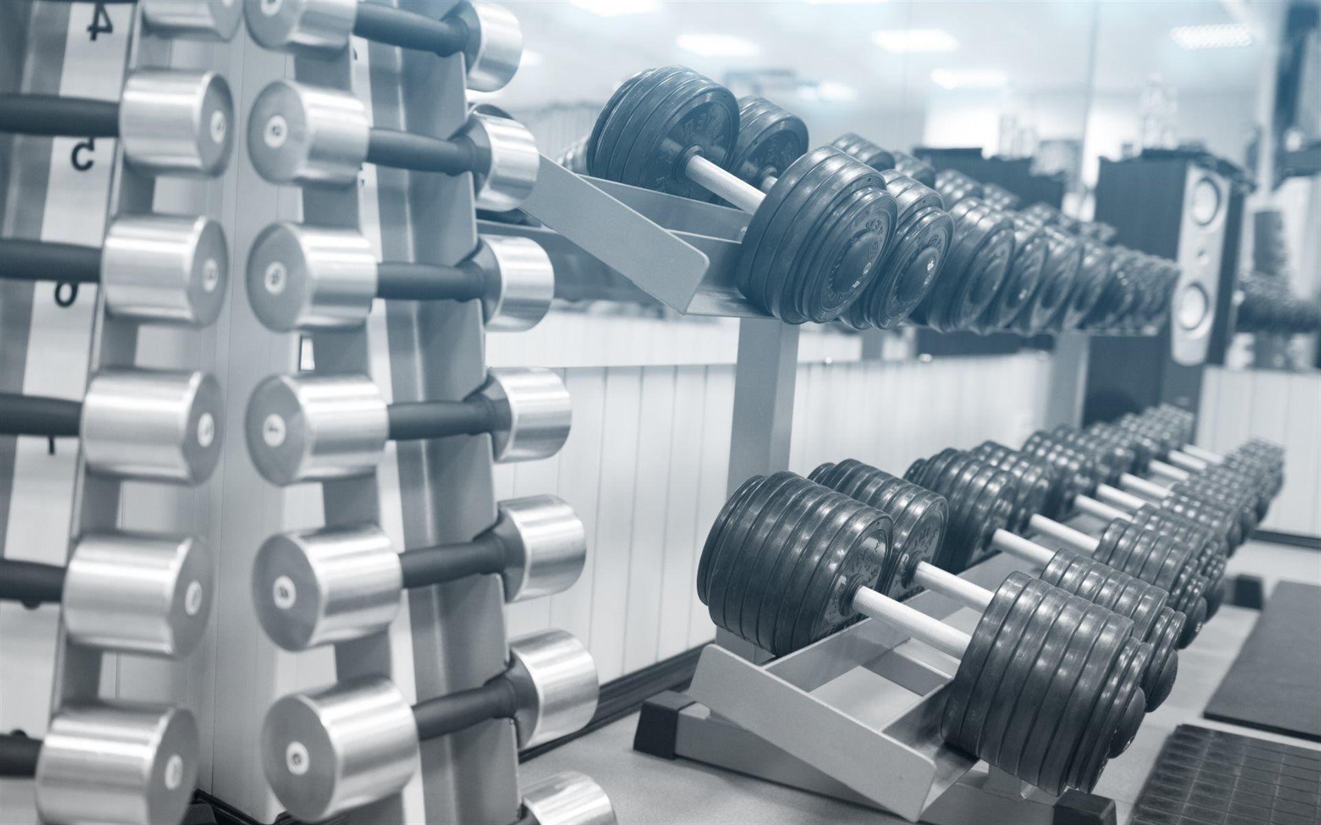 Download wallpaper dumbbells, gym, workout, dumbbell rack