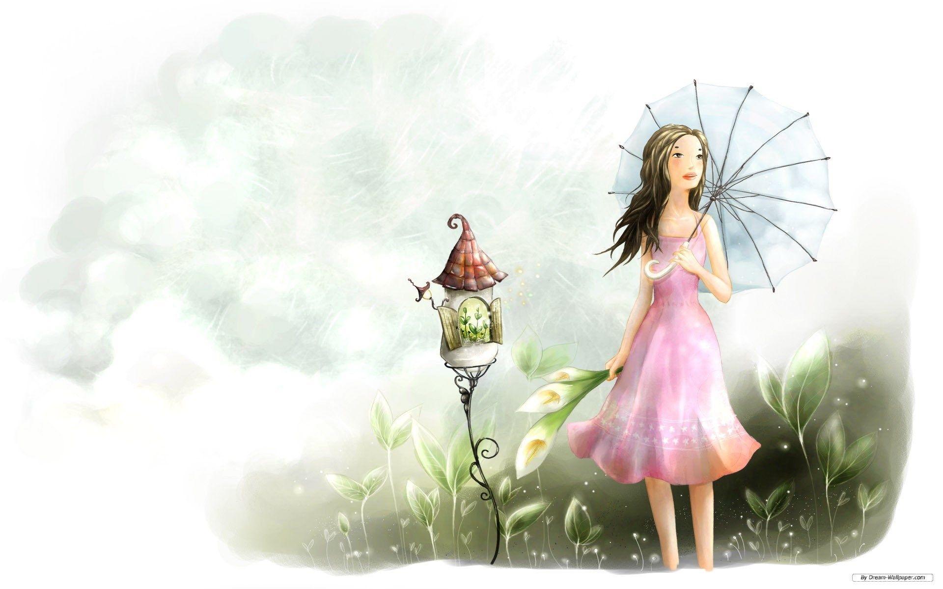 Umbrella Girl Cartoon Wallpaper Desktop Background