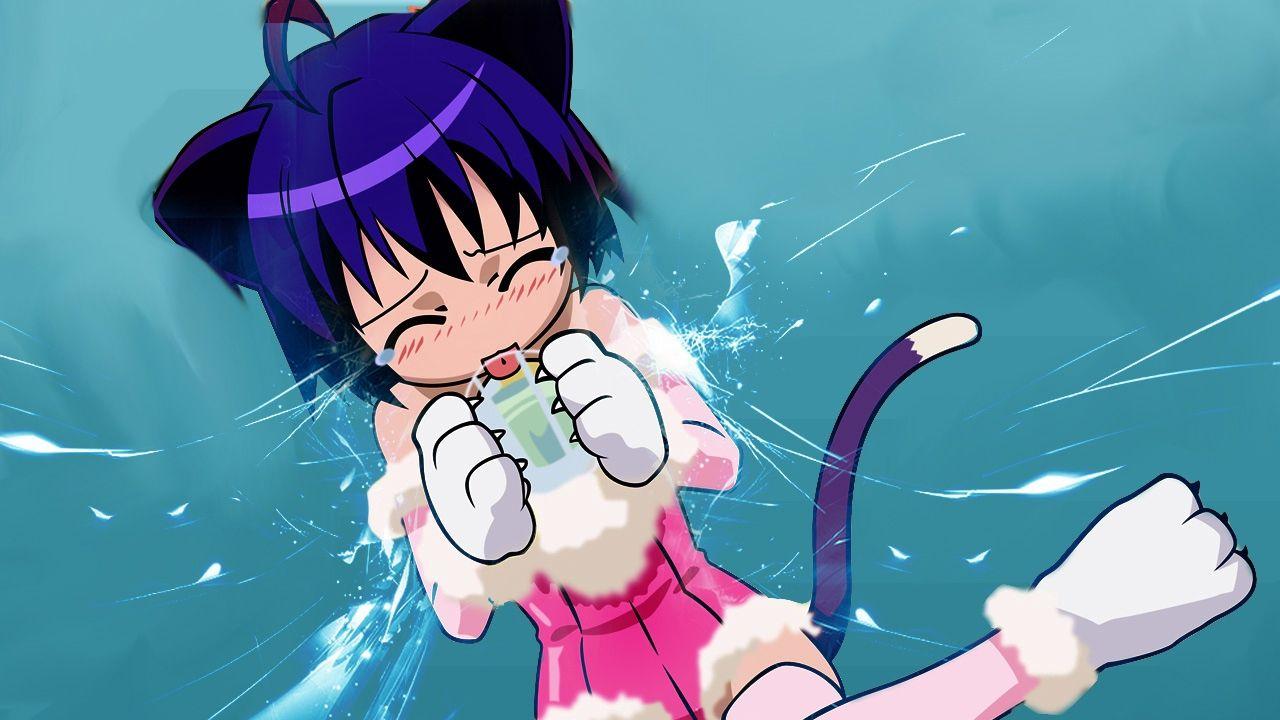 Download wallpaper 1280x720 anime, girl, cartoon, cat, laughing HD
