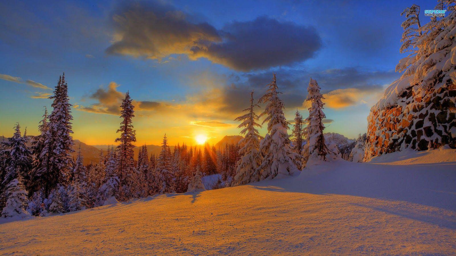 snowy landscape sunset wallpaper