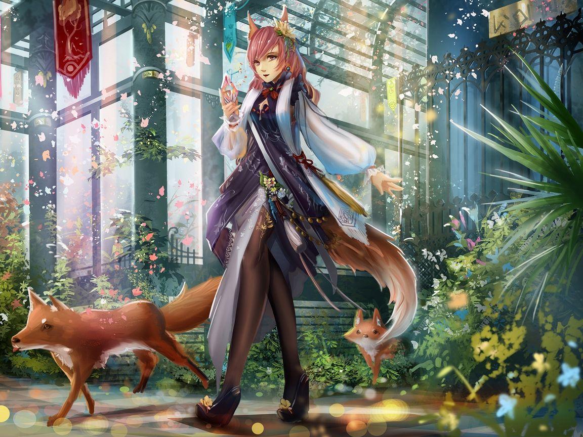 Download wallpaper 1152x864 girl, anime, fox, building, suit