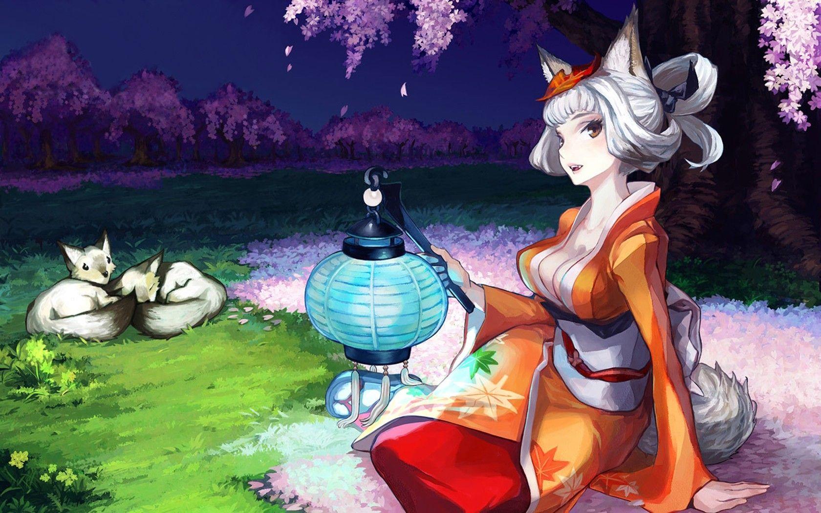 flowers, animal ears, white hair, fox girls, Japanese clothes, anime