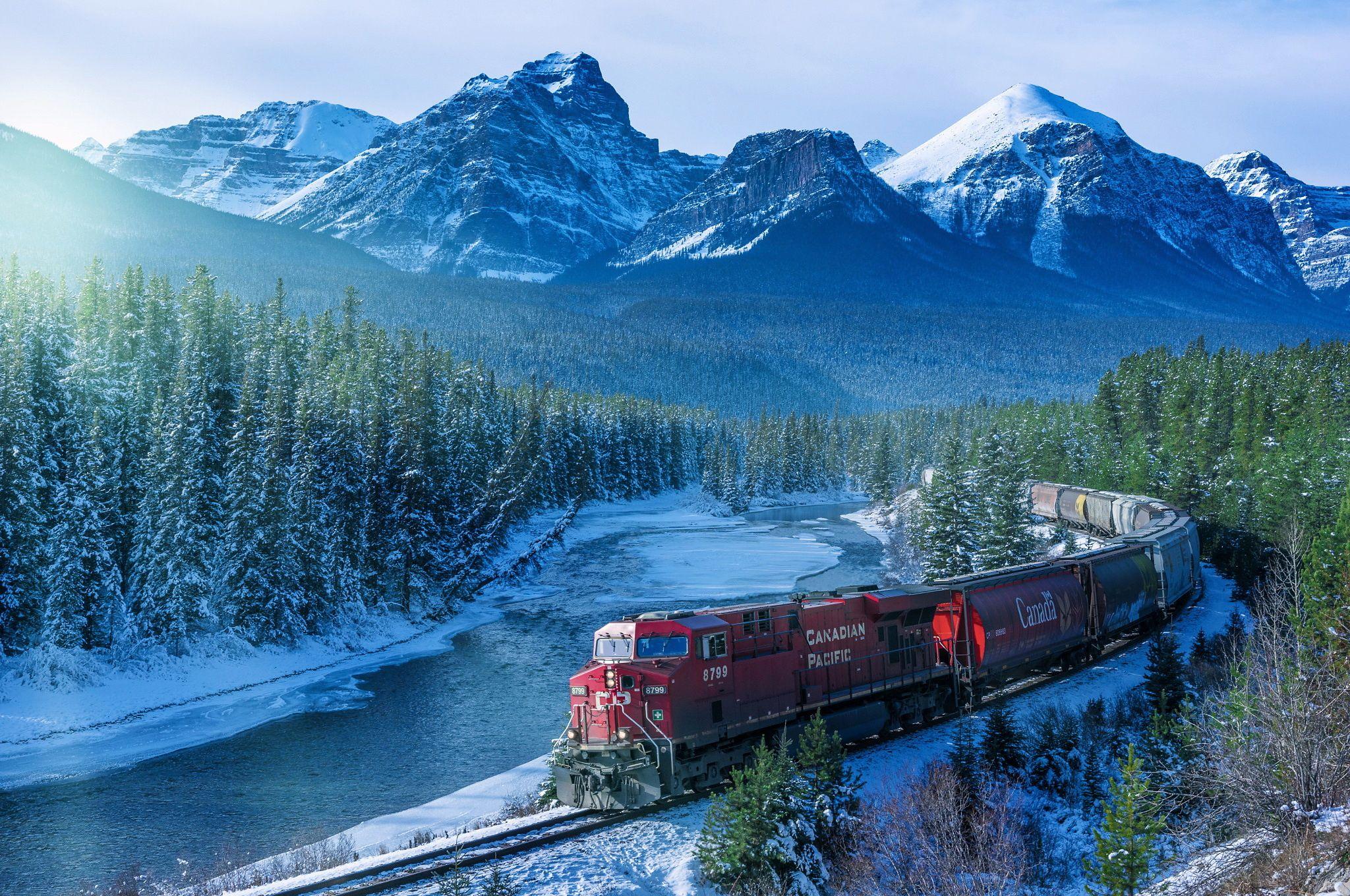 Wallpaper railway, train, Canada, Alberta, mountains, winter, forest