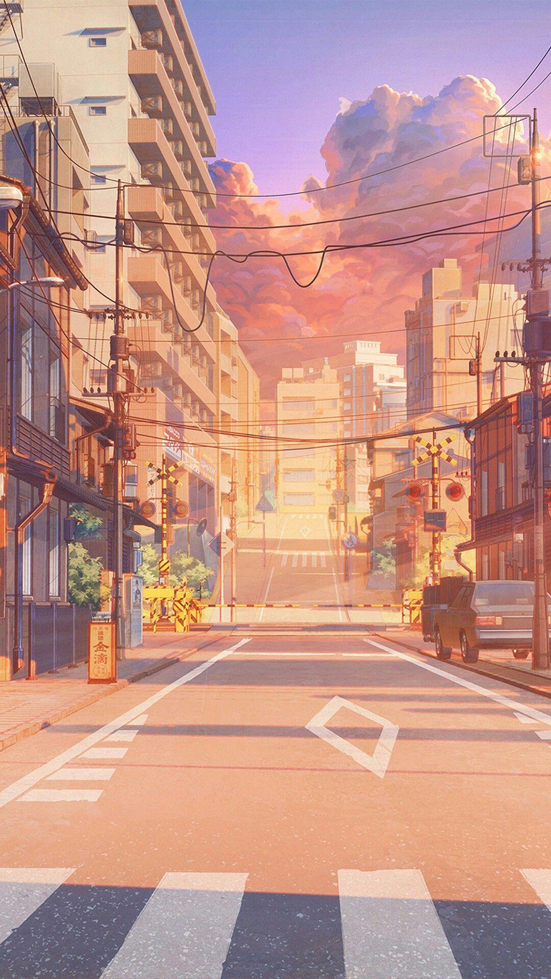 Anime sunset street illustration wallpaper