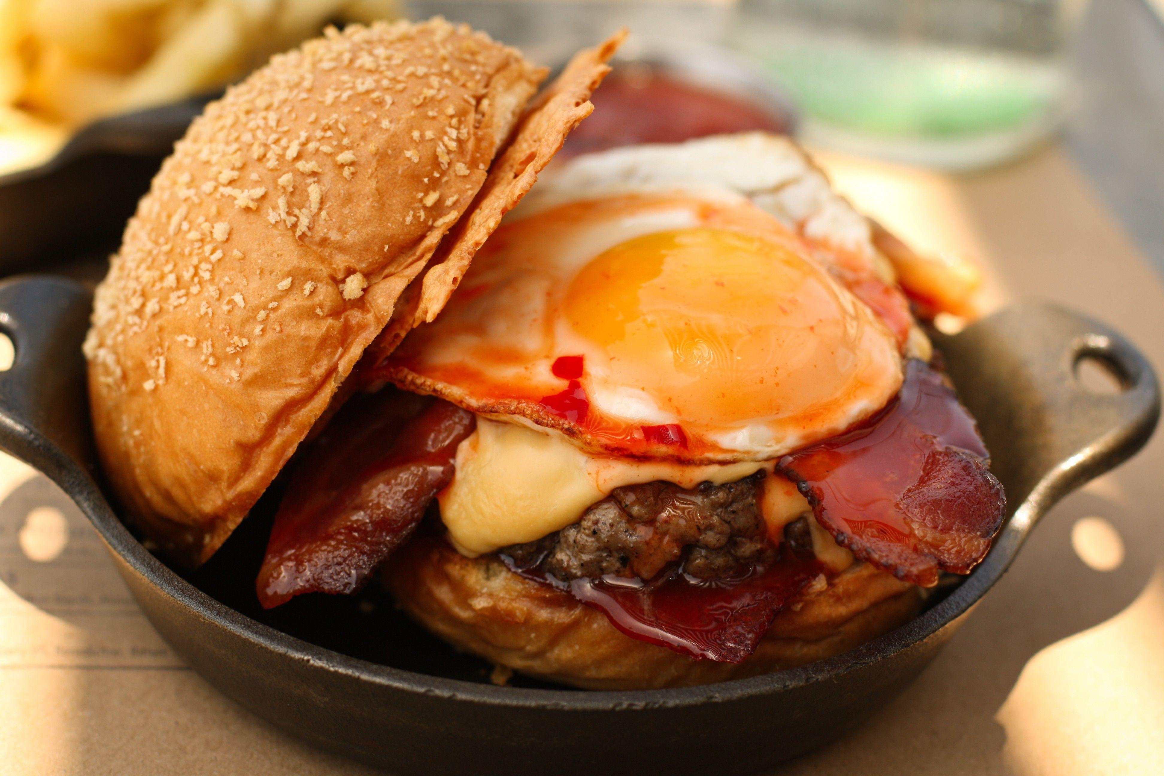 Wallpaper burger, steak, potatoes, eggs, pan, , Food