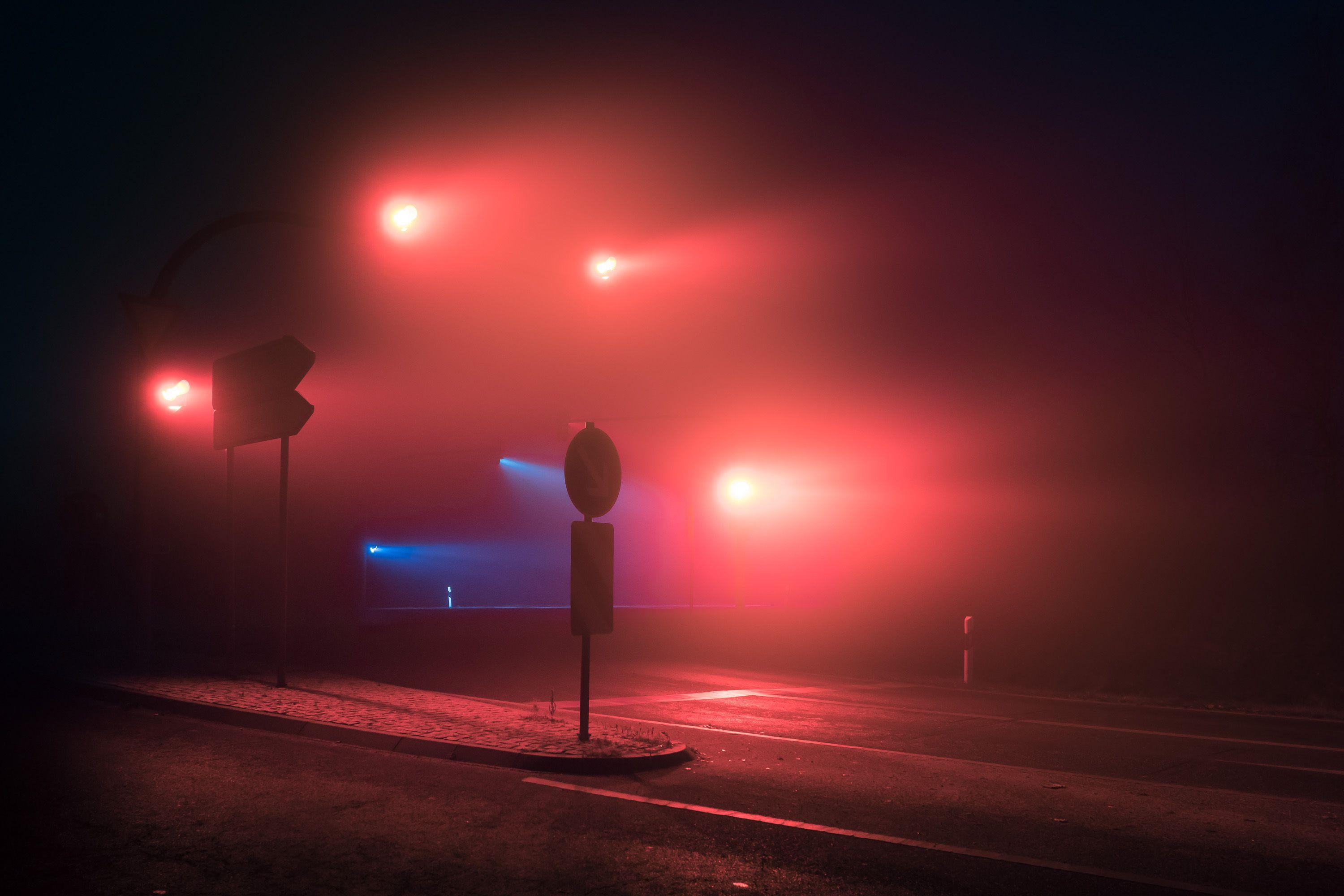 Wallpaper Traffic lights, Night, Mist, Fog, HD, Photography