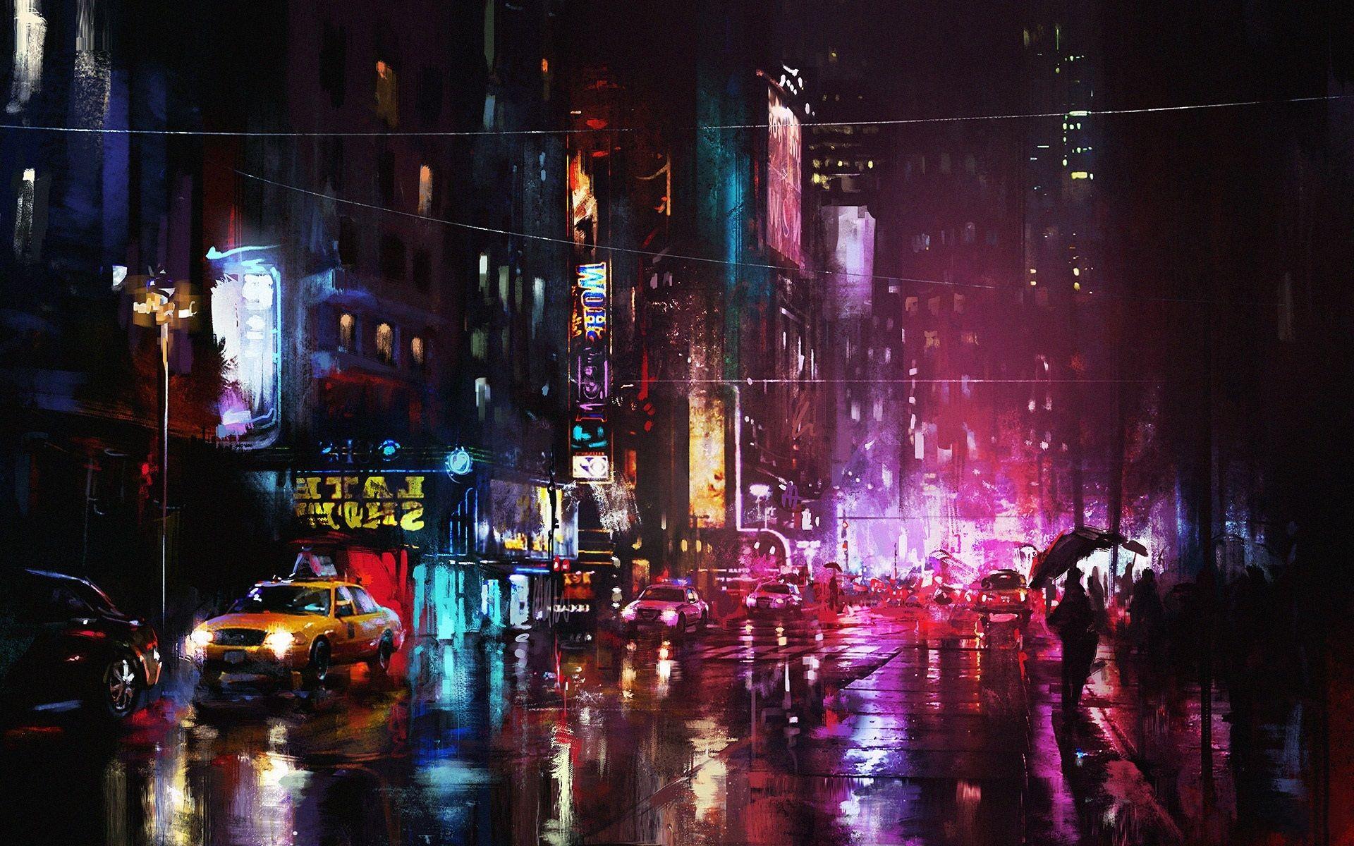 Wallpaper Art painting, night, city, street lights 1920x1200 HD
