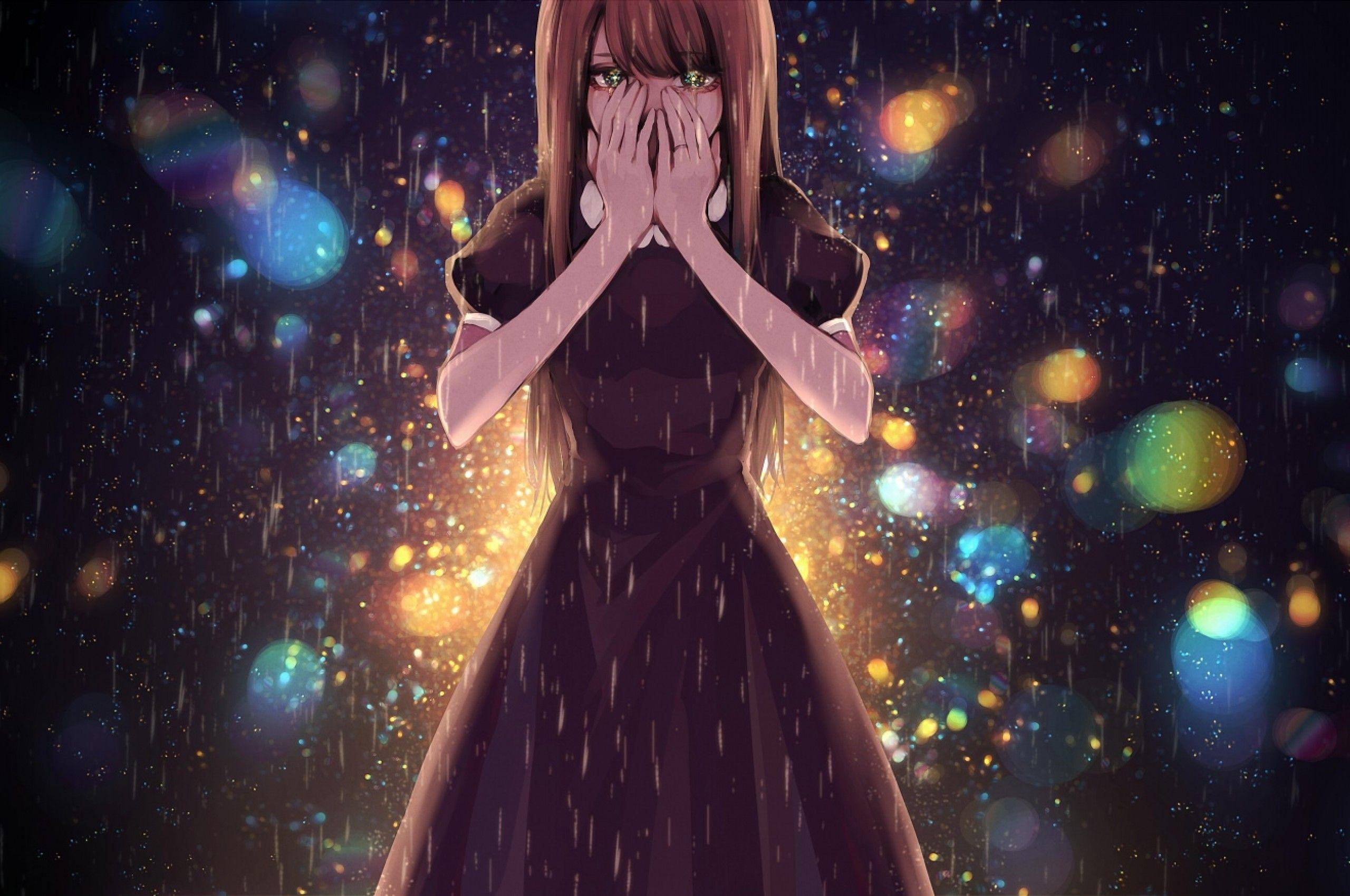 Download 2560x1700 Anime Girl, Crying, Tears, Raining Wallpaper