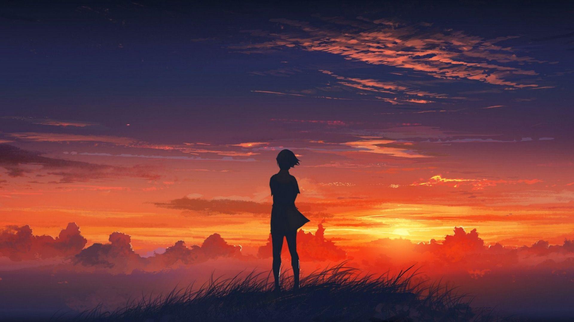 Free Anime Girl Alone At Sunset, computer desktop wallpaper
