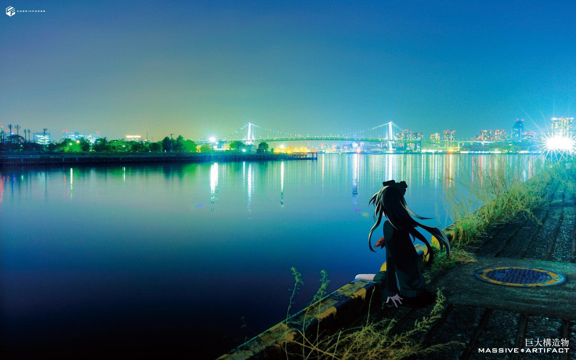 Anime girl sea city light alone blue long hair wallpaperx1200