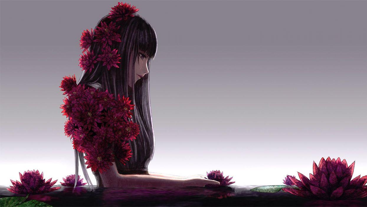 Flower anime girl alone long hair lotus wallpaperx900