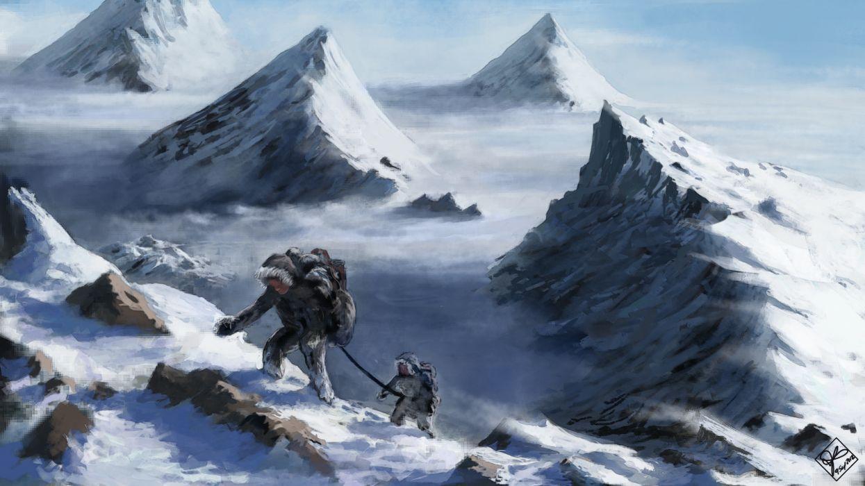 Art mountains snow mountain climbers top height fantasy wallpaper