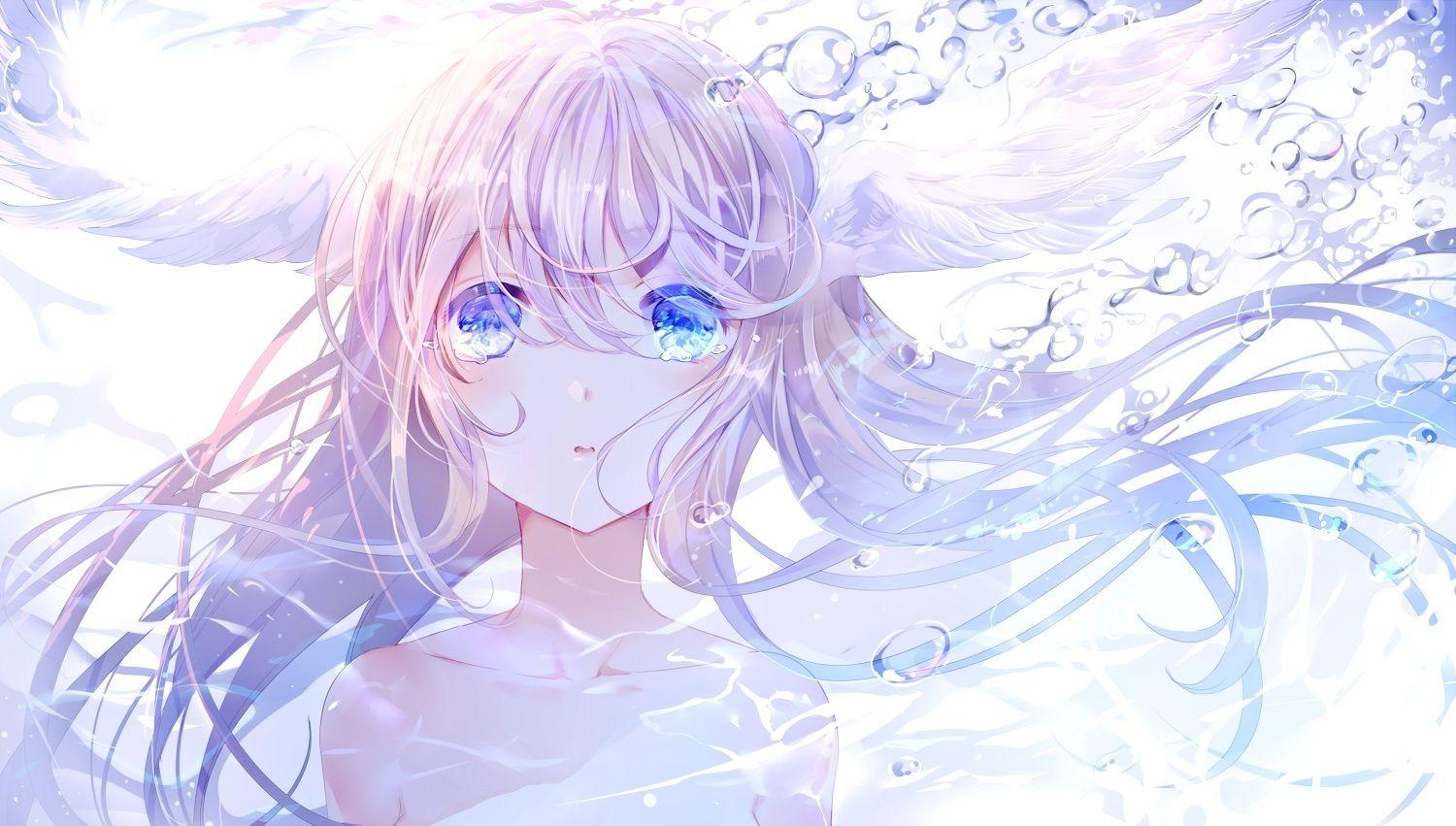 Wallpaper Anime Girl, Crying, Tears, Wings, Underwater, Bubbles