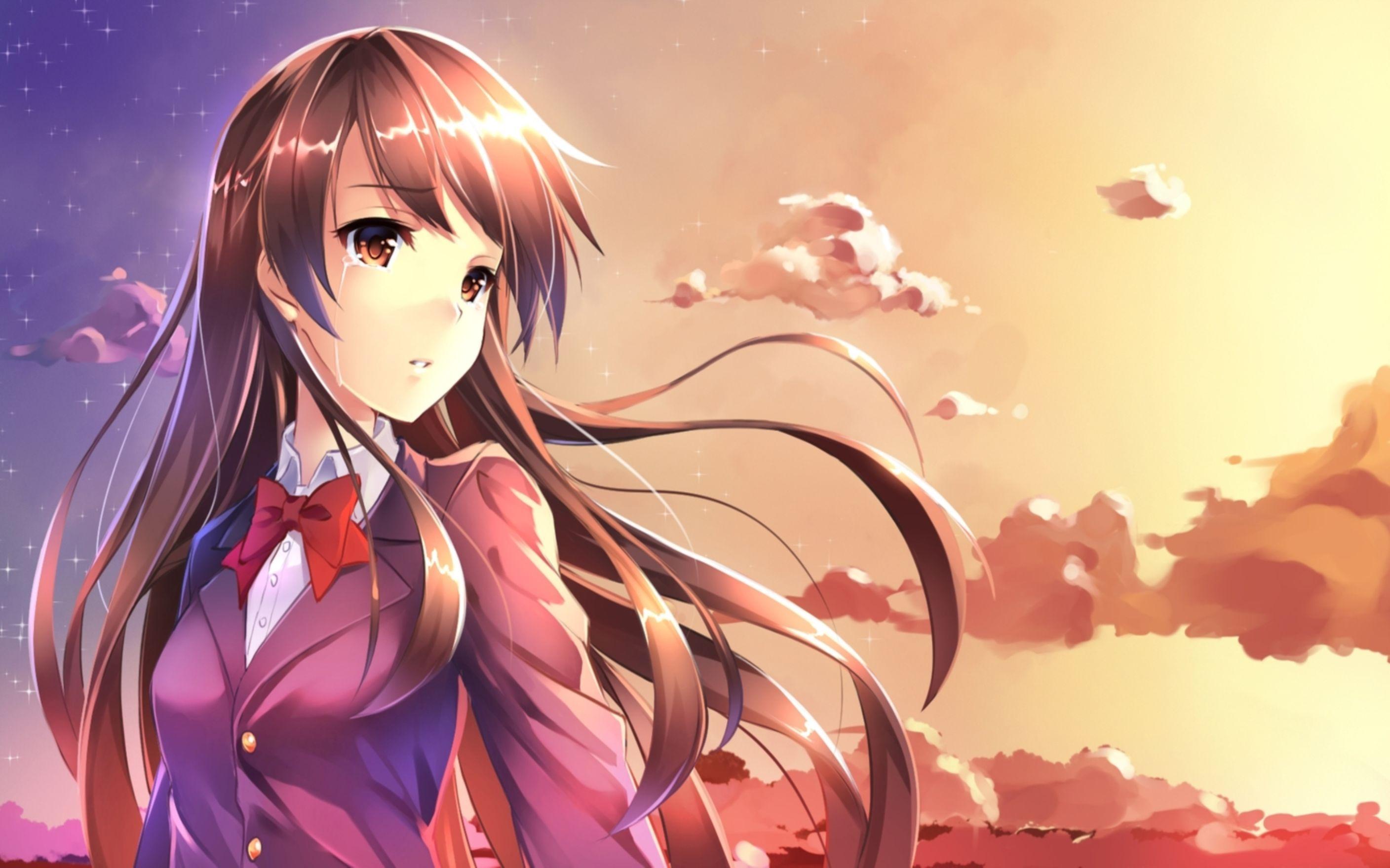 Sunset Tears Red Bow Crying Anime Girl Wallpaper: Desktop HD