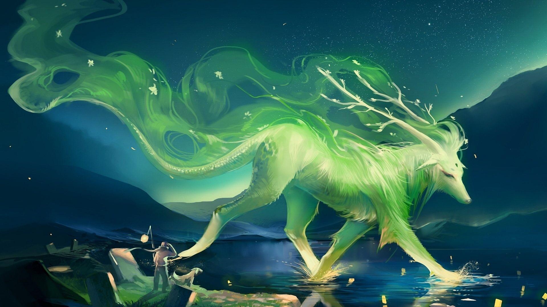 Green Deer Fantasy Wallpaper