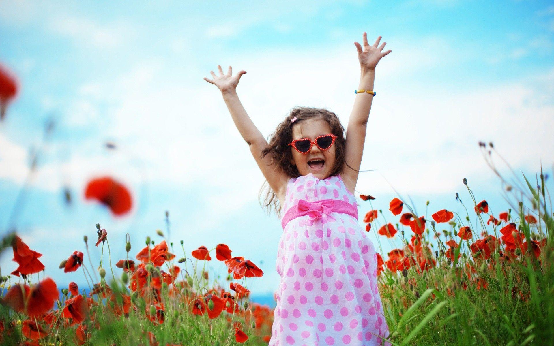 Happy Cute Cool Child Girl Dancining In Garden Wallpaper. Projects