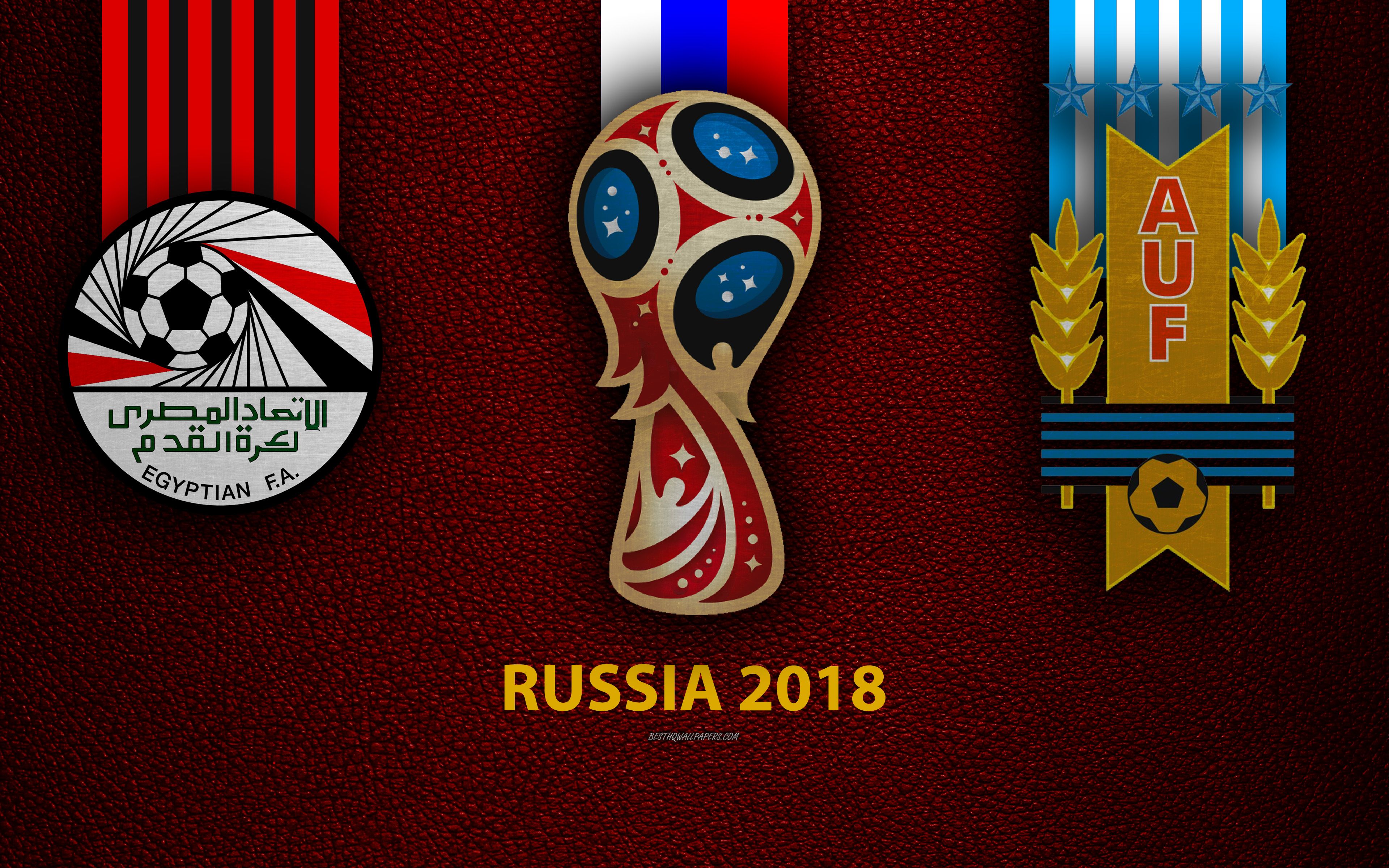 Download wallpaper Egypt vs Uruguay, 4k, football, logos, 2018 FIFA