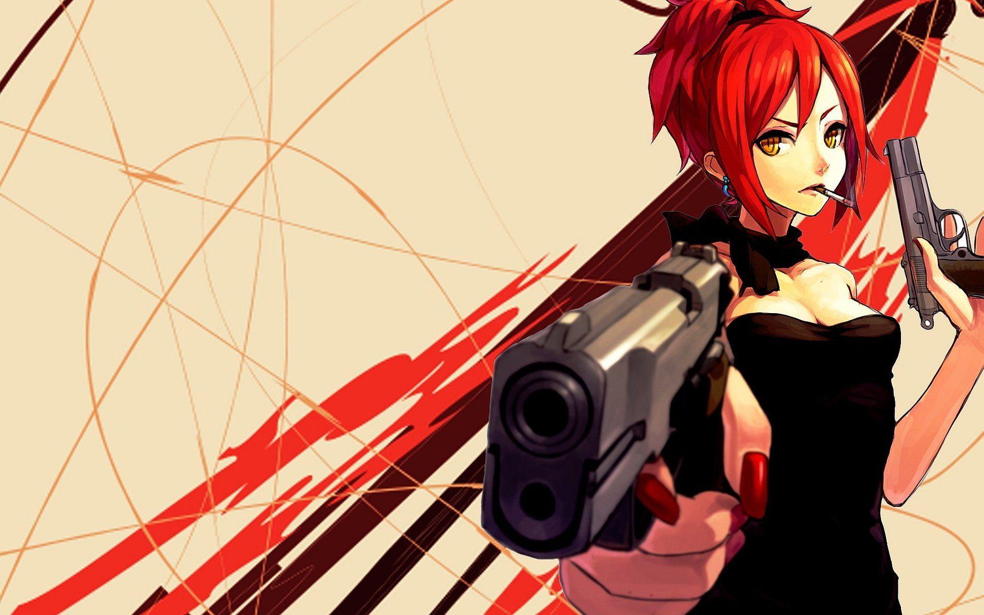 Anime girl red hair yellow eyes guns wallpaperx1200