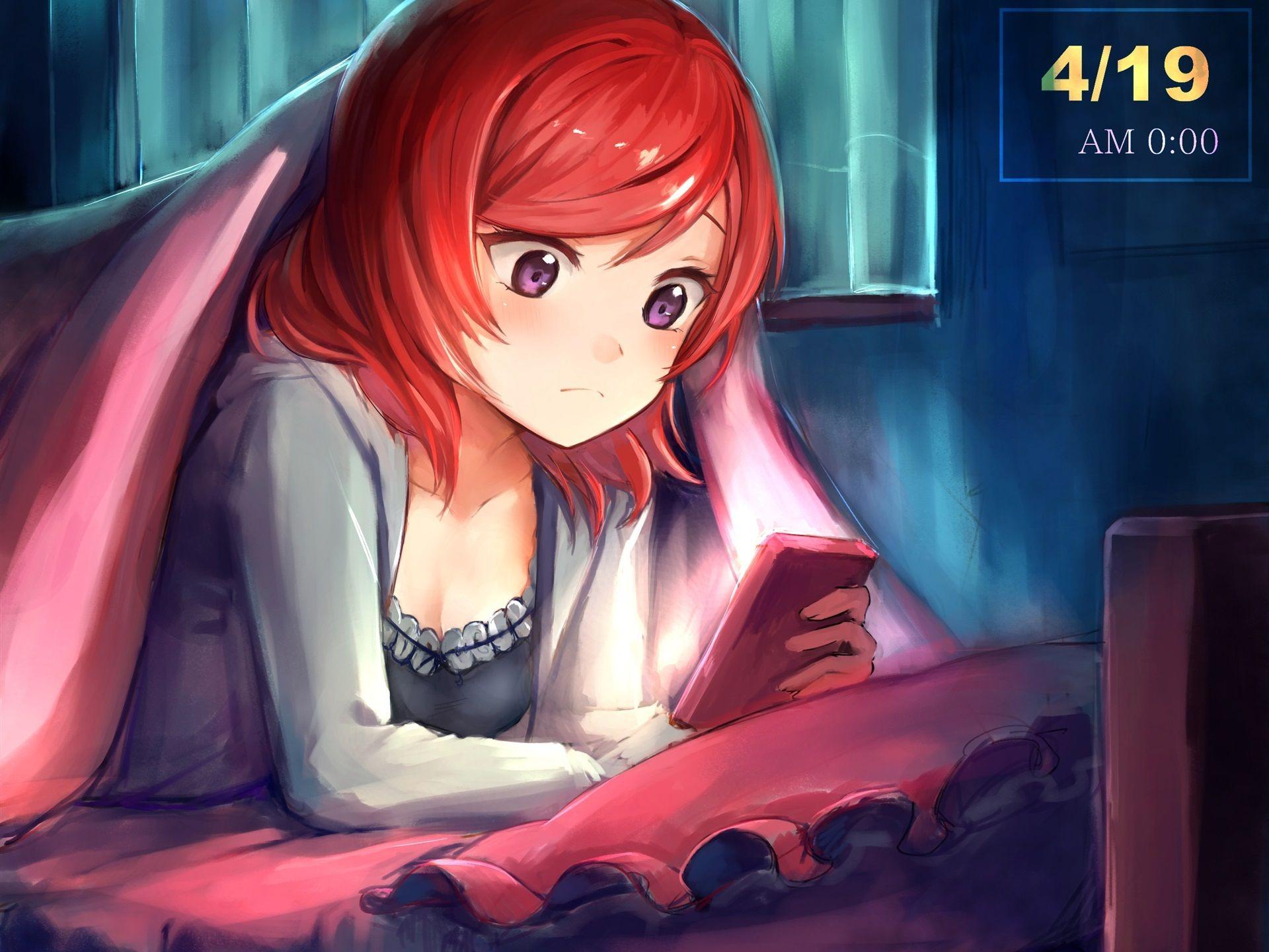 Wallpaper Red hair anime girl use phone 1920x1440 HD Picture, Image