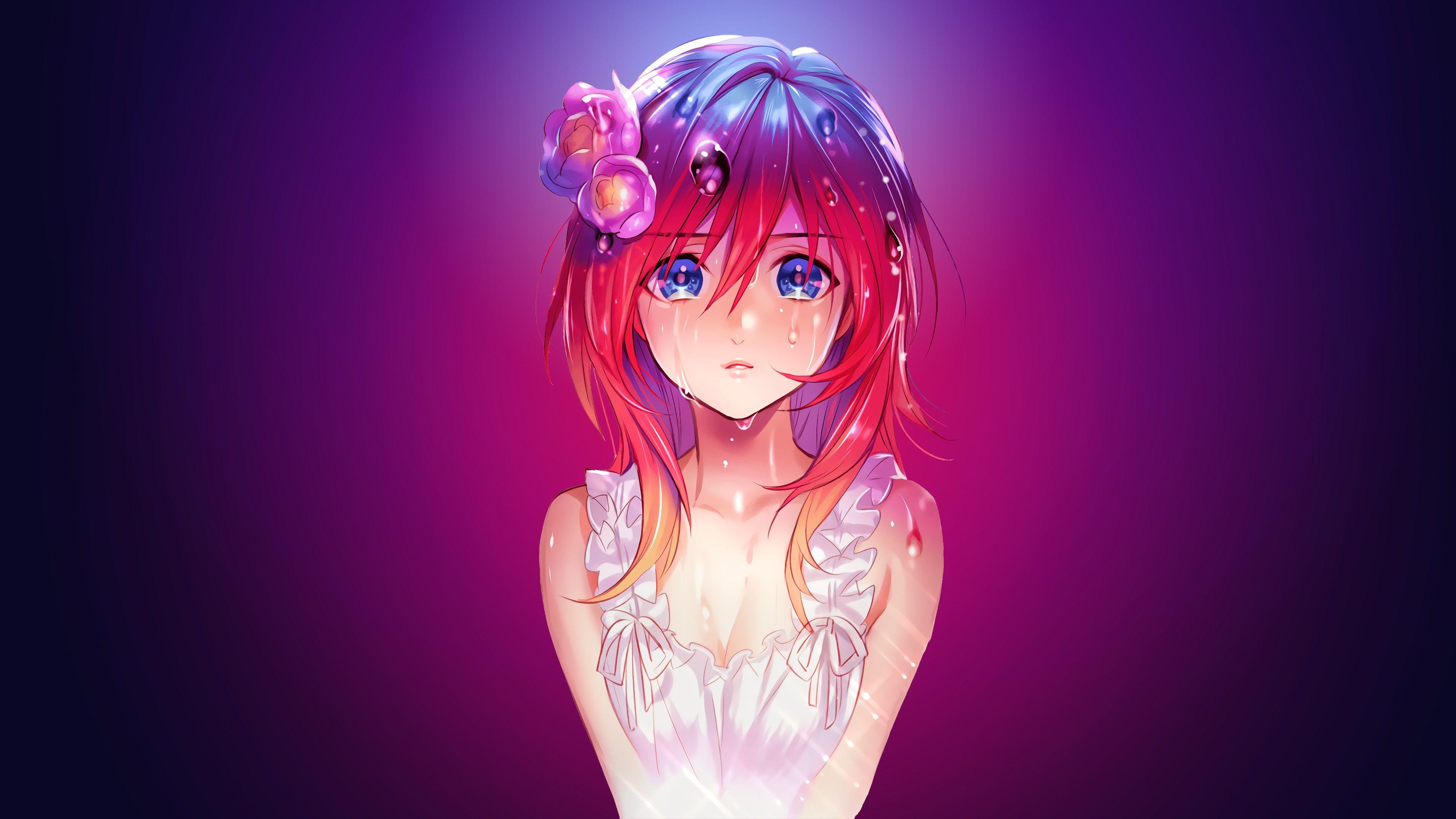 Anime Girl Water Drops Red Head Blue Eyes, HD Artist, 4k Wallpaper