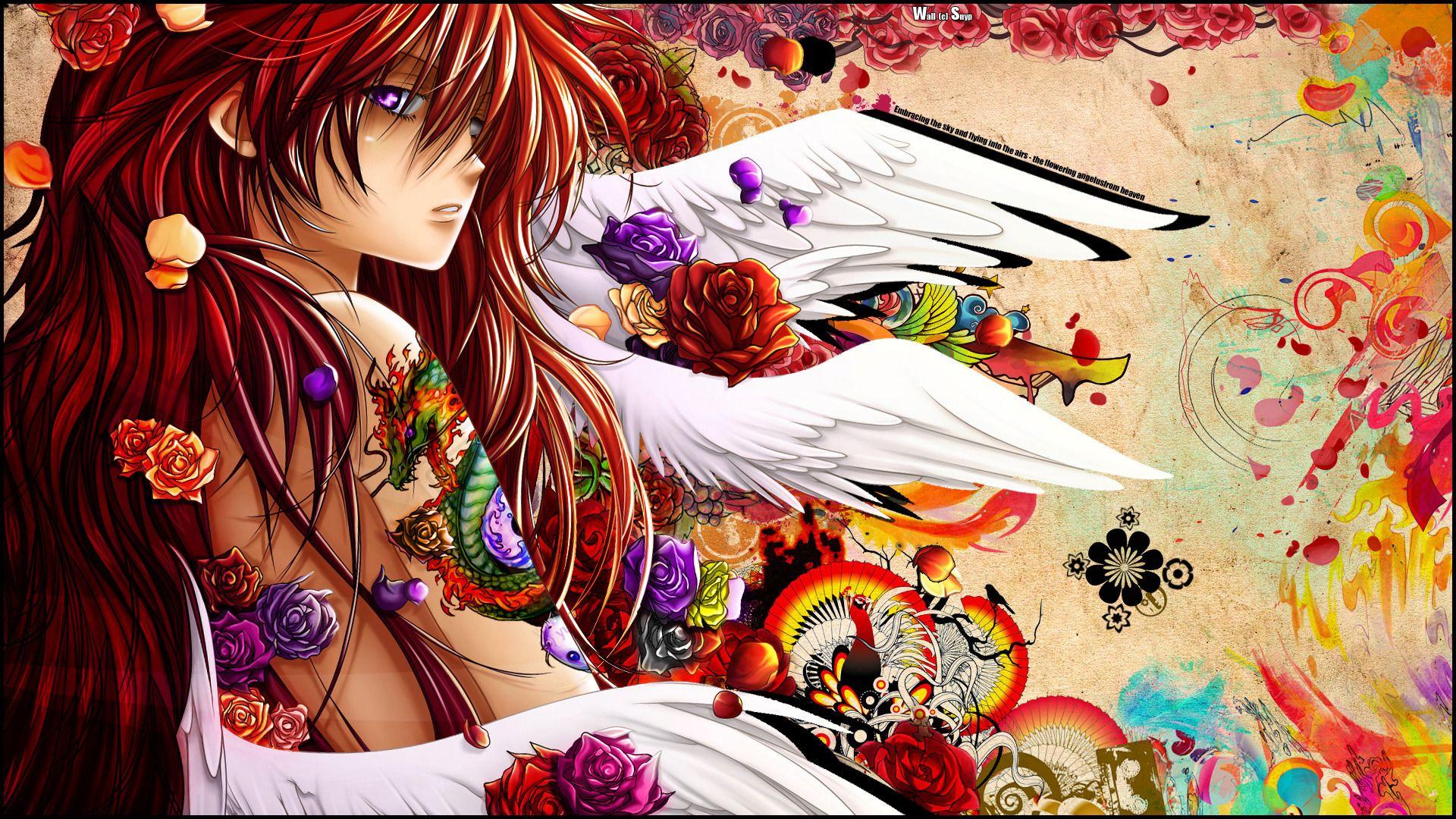 Angel Wings Flowers Red Hair Beautiful Female Girl Hd Anime
