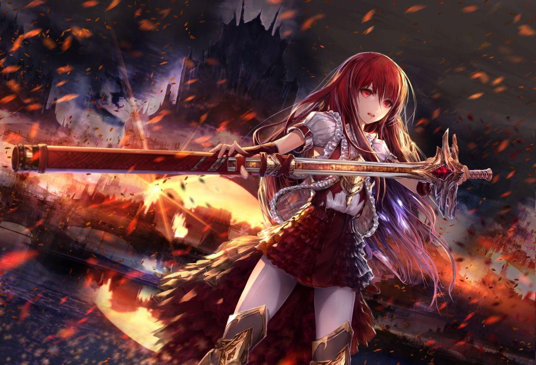 armor dress jname original petals red eyes red hair skirt sky sword