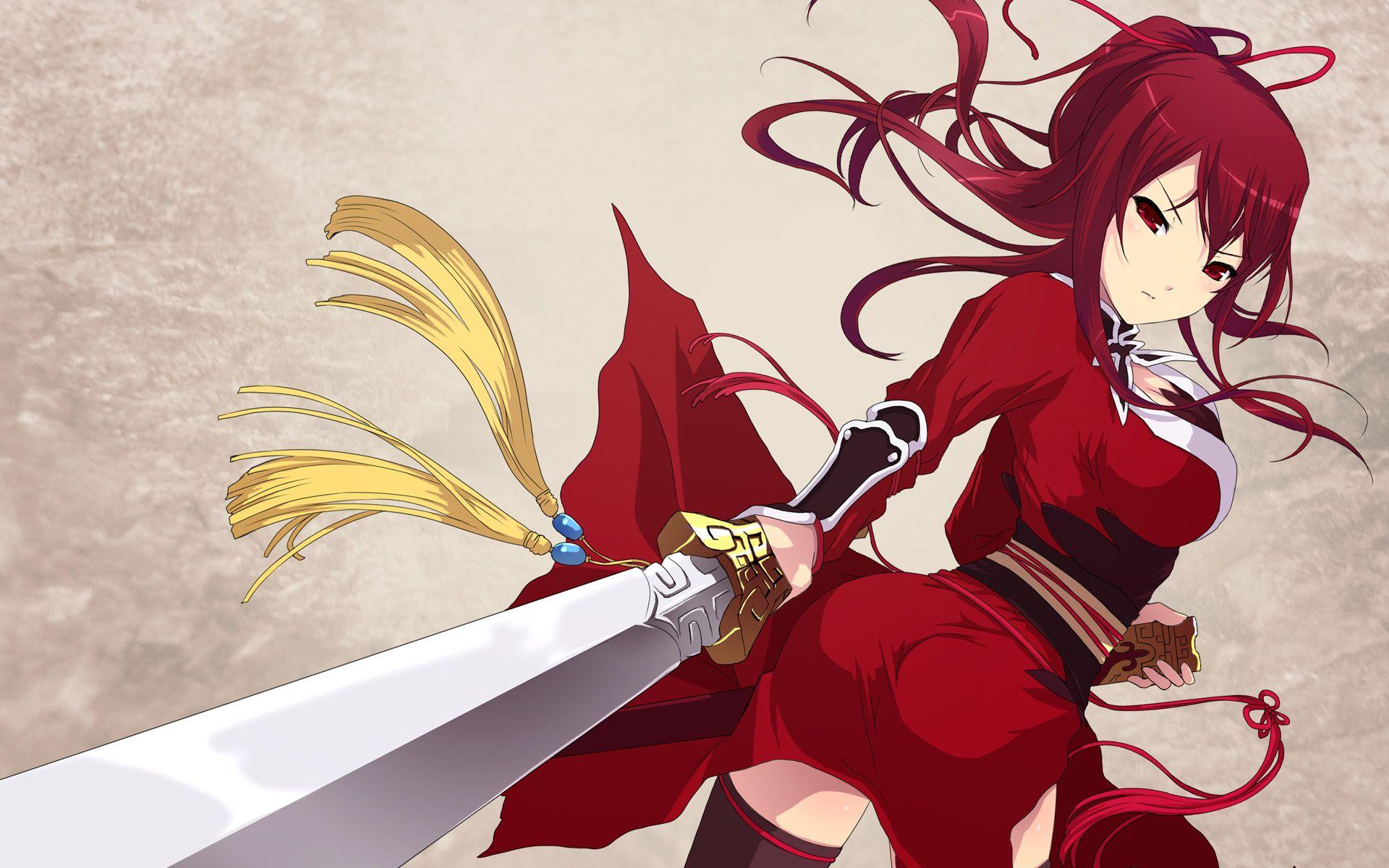 Anime Red Haired Girl with Sword widescreen wallpaper. Wide