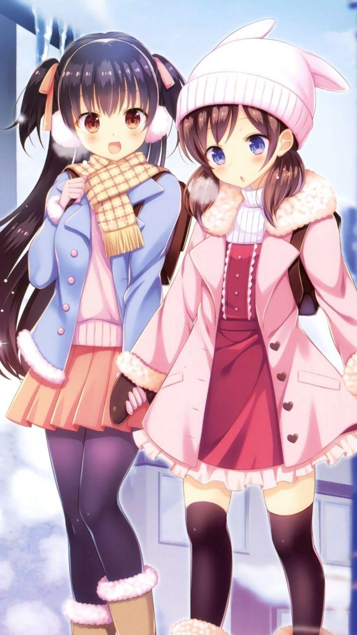 Winter, outdoor, girls, anime, friends, 720x1280 wallpaper. Anime