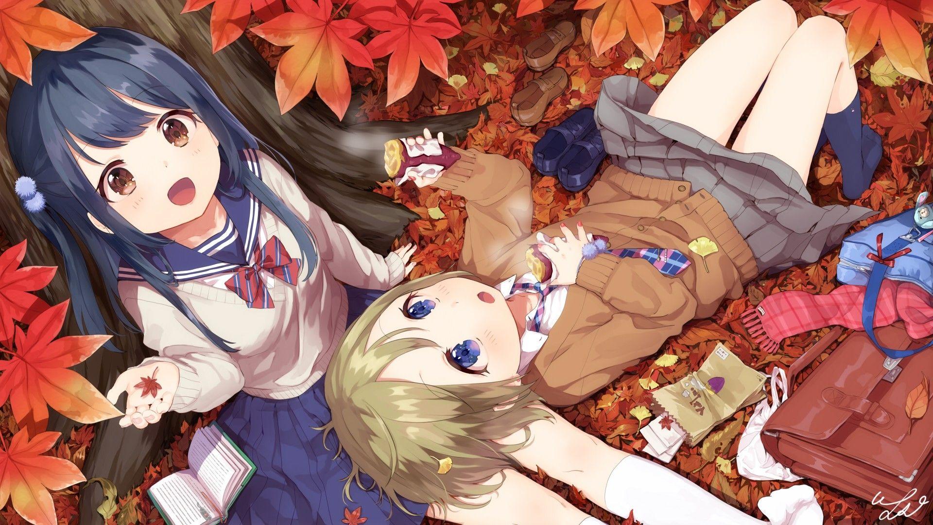 Download 1920x1080 Anime Girls, School Uniform, Autumn, Friends