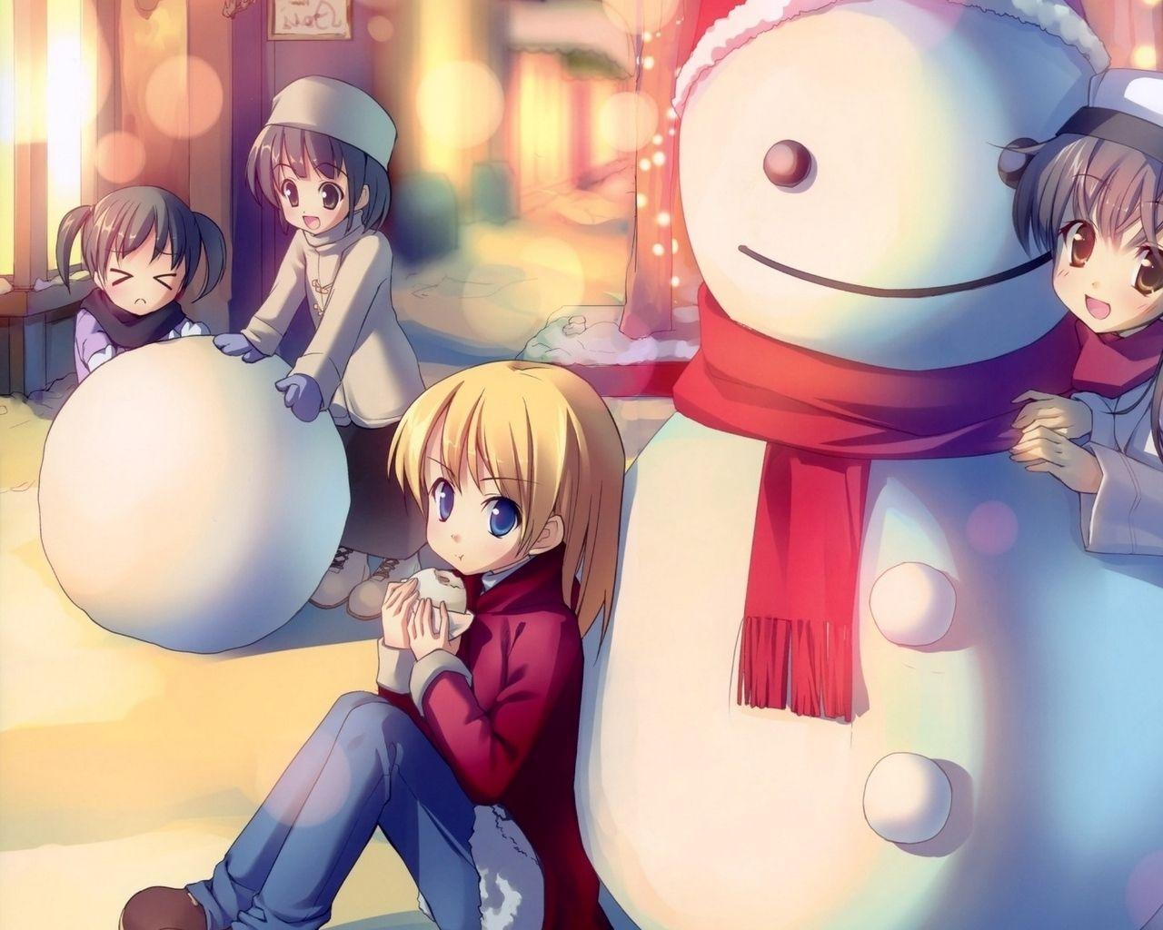 Download wallpaper 1280x1024 winter, snowman, mood, anime, friends