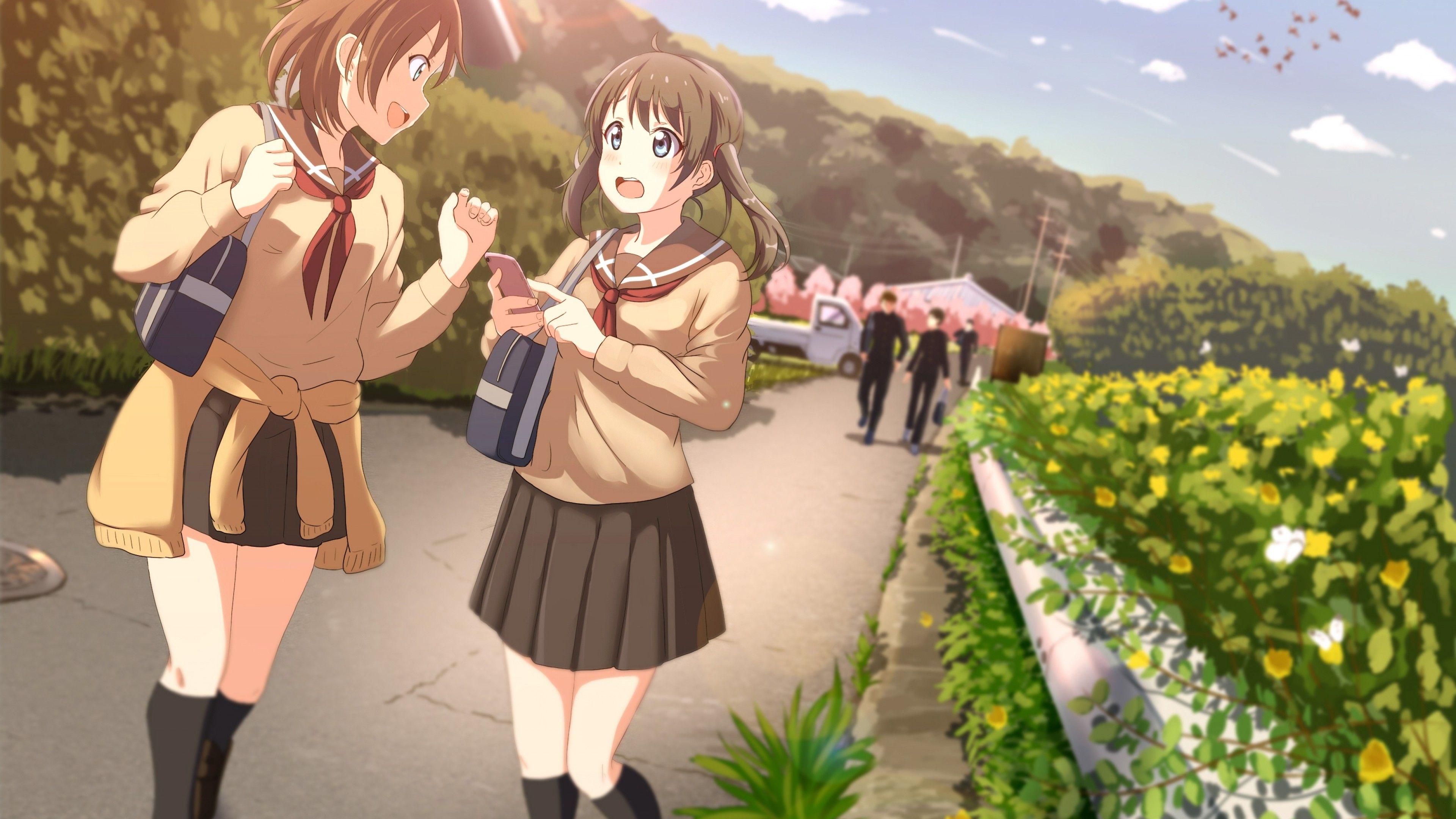 Download 3840x2160 Anime Girls, School Uniforms, Scenic, Plants