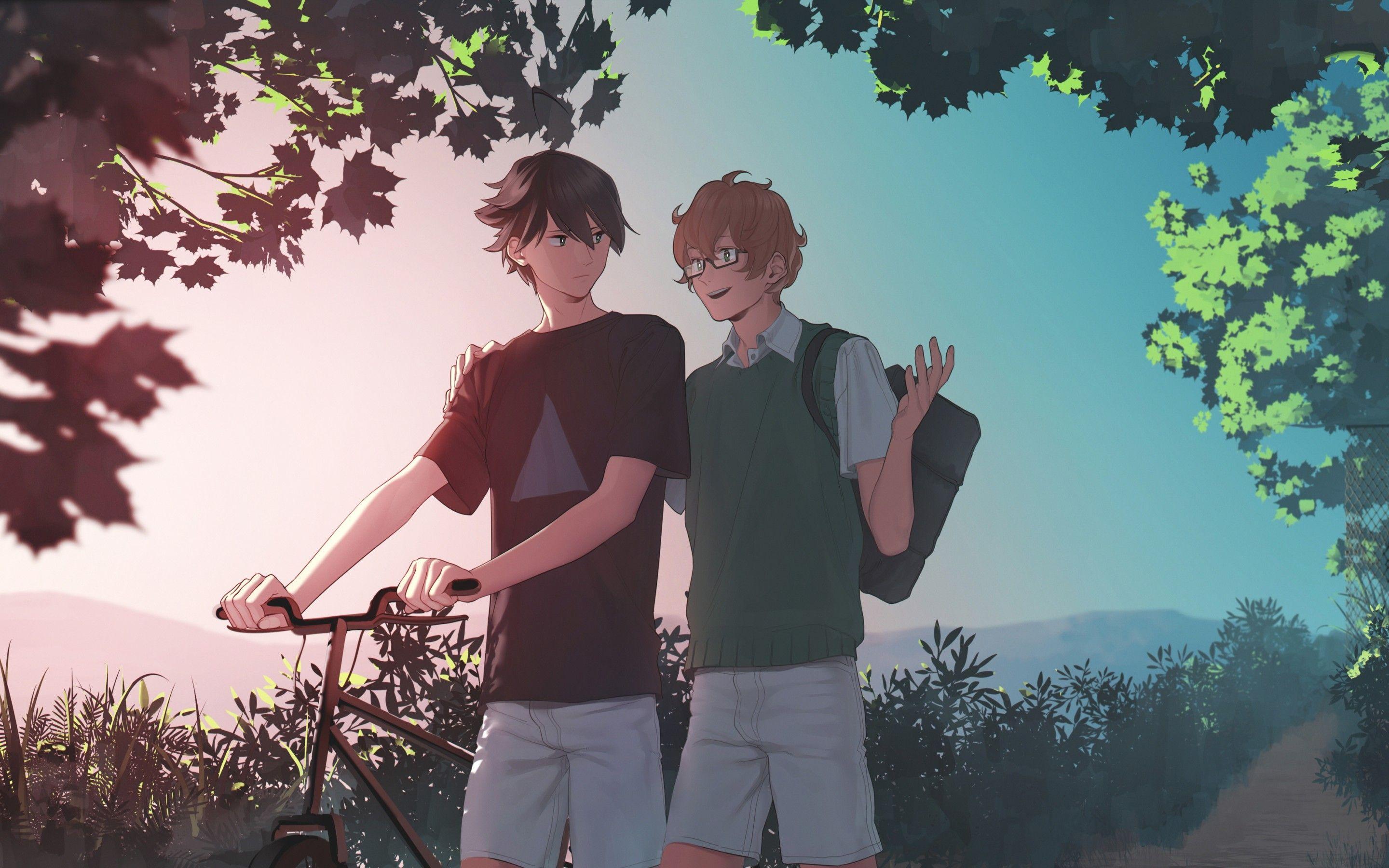 Download 2880x1800 Anime Boys, Friends, Bicycle, Walking, Glasses