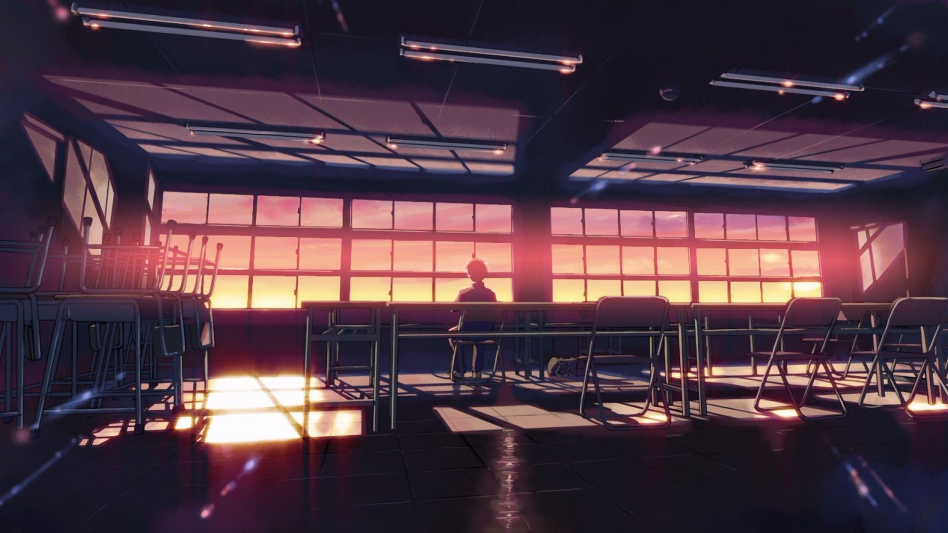 sunset, school, classroom, Makoto Shinkai, lonely, 5 Centimeters Per