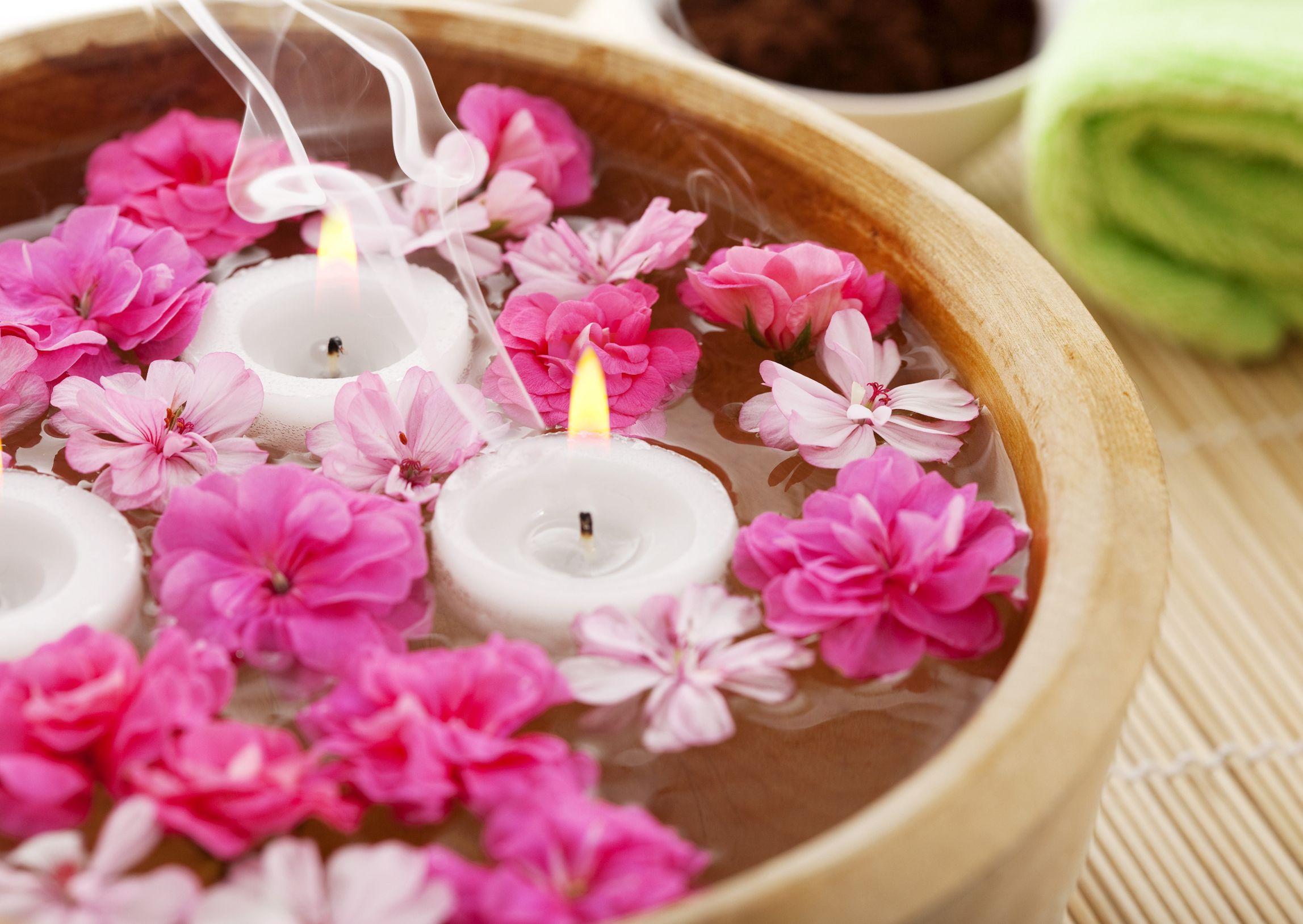 Image Of Spa Therapy, Flowers In Water, On A Bamboo Mat