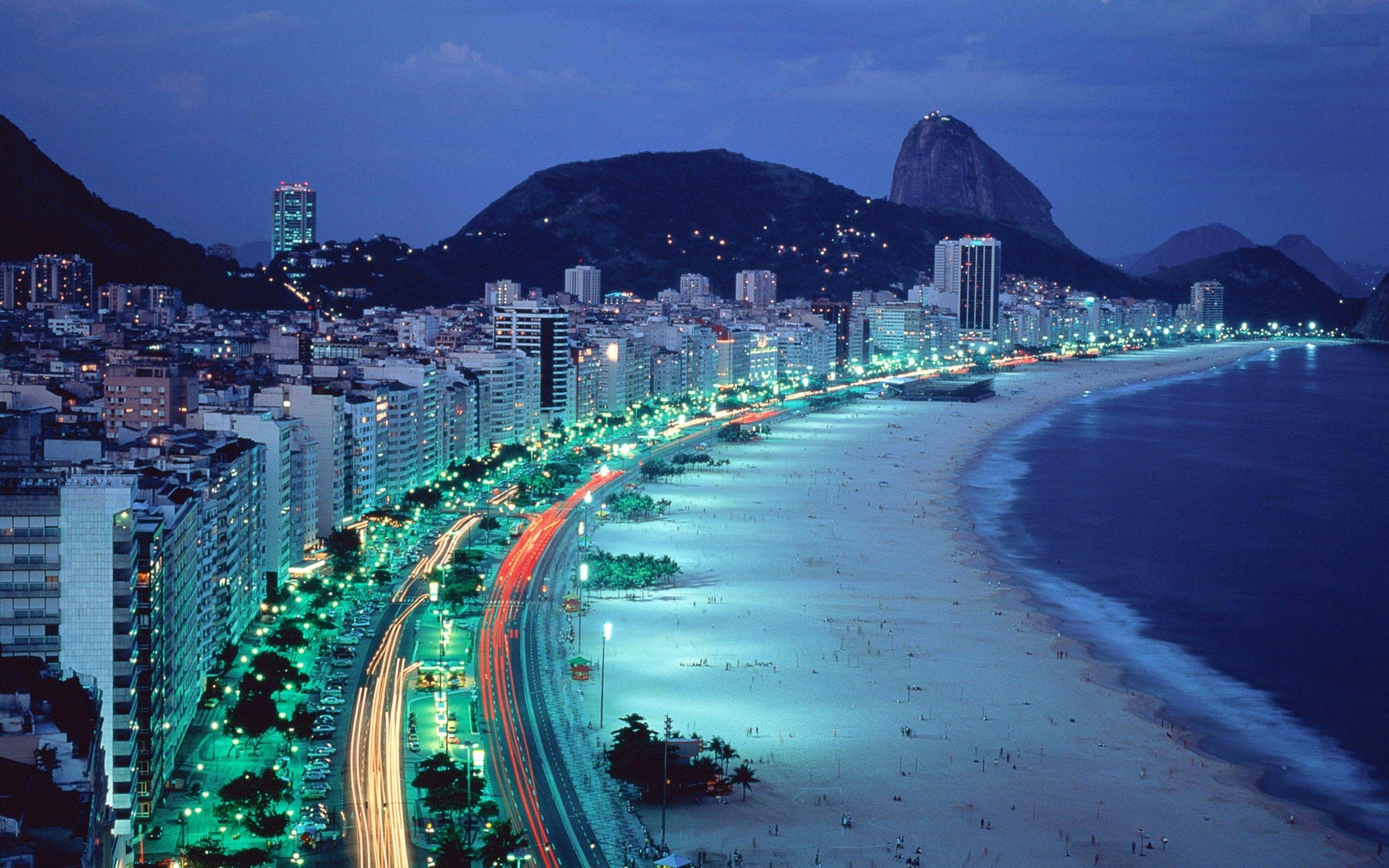 mountains, beach, night, lights, Brazil, Copacabana wallpaper